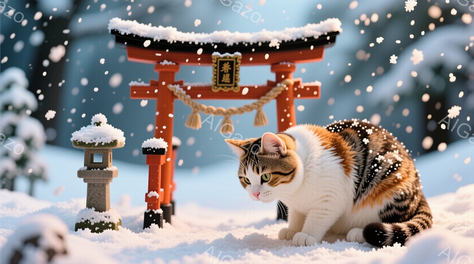 雪景色の中に、赤い鳥居と石灯籠が立っています。白と茶色のまだら模様の猫が、鳥居の前にうずくまり、何かをじっと見つめています。雪が舞い散る静かで穏やかな冬の風景です。 - AI生成フリー素材