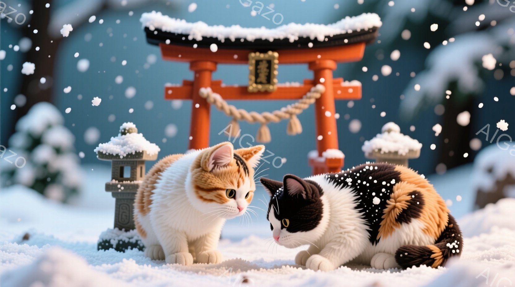 雪景色の中に、2匹の猫が寄り添って立っています。片方の猫は白とオレンジのトラ柄、もう片方は白黒の斑点模様で、どちらも丸い目をこちらに向けています。背景には雪を頂いた鳥居と石灯籠があり、静かで穏やかな冬 - AI生成フリー素材