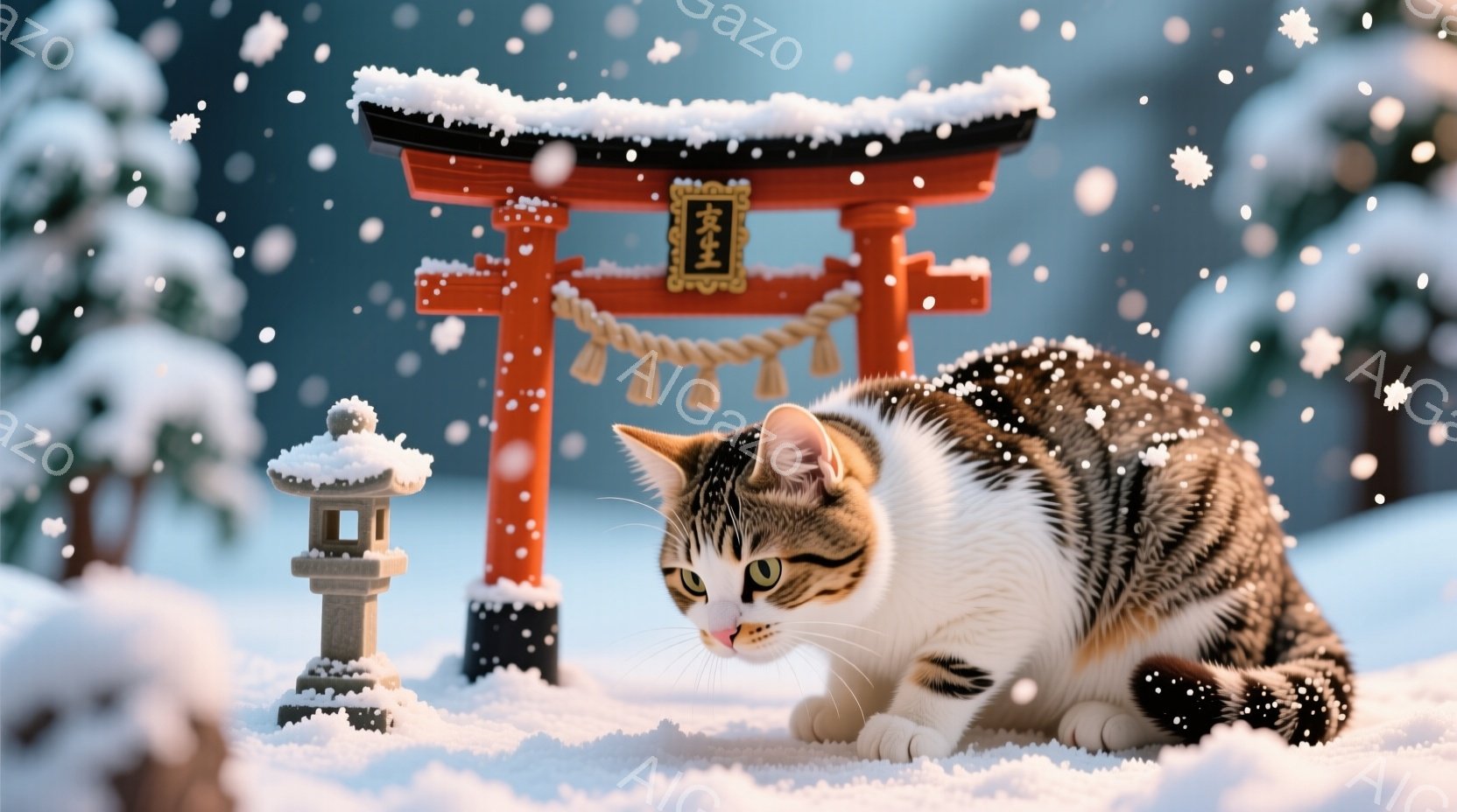 赤いパンダ、猫、そして鯛の形をしたお菓子が、畳の上に置かれた赤い皿の上に並んでいます。パンダと猫は微笑んでおり、楽しげな表情をしています。背景にはぼやけた日本の家屋が見え、全体的に温かく、お祝いの雰囲気を感じさせます。