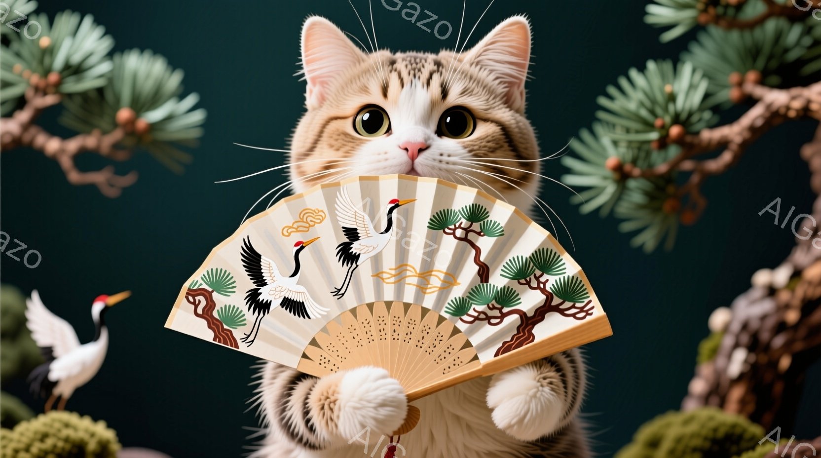 茶トラ猫が、柄が鶴と松の絵が描かれた扇子を前足で持っている。猫は少し上目遣いで、穏やかで優しい表情をしている。背景には、緑色の針葉樹と、白い鶴がぼんやりと見える盆栽があり、全体的に静かで調和のとれた雰囲気が漂っている。