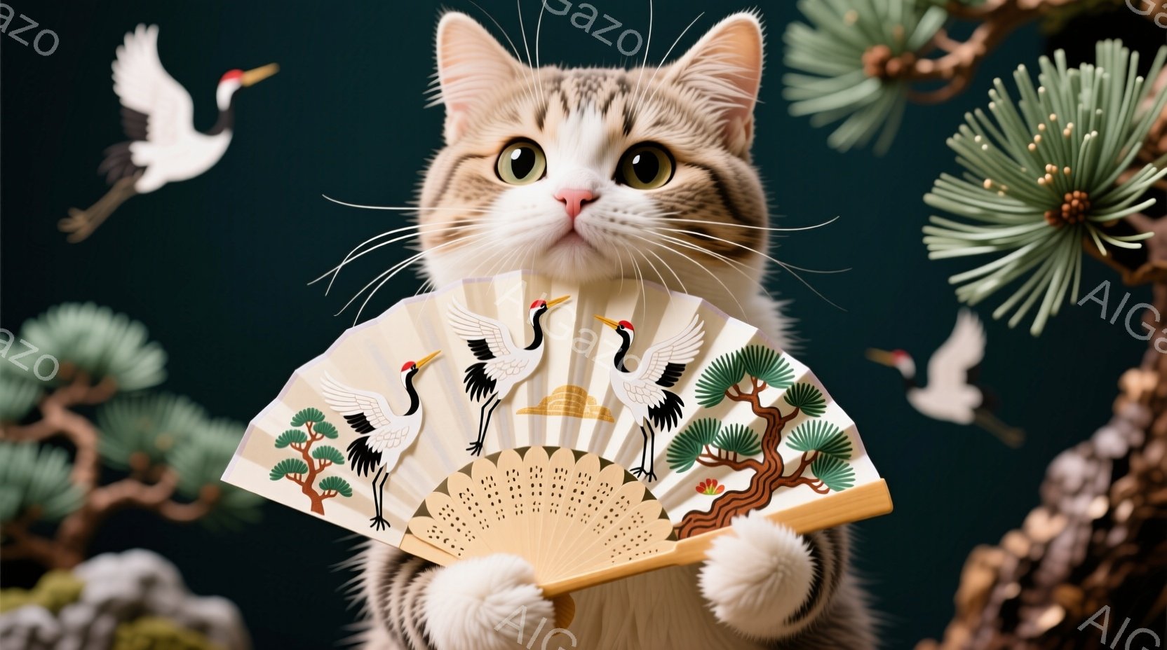縞模様の猫が片手に美しい扇子を持っている様子を捉えています。扇子には、鶴と松の絵が描かれており、背景には緑色の植物と舞い上がる鶴が複数描かれ、和風で優雅な雰囲気を醸し出しています。猫は少し上を見上げ、穏やかな表情で、日本の伝統的な美しさを象徴する一枚です。