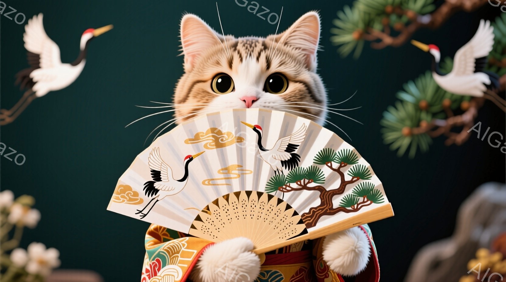 茶色の縞模様の猫が、鮮やかな赤い着物に身を包み、白いふわふわの襟がついています。猫は片手に美しい扇子を持ち、優雅な姿勢でこちらを見ています。背景には、鶴と松の枝が飾られ、上品で趣のある雰囲気を醸し出しています。