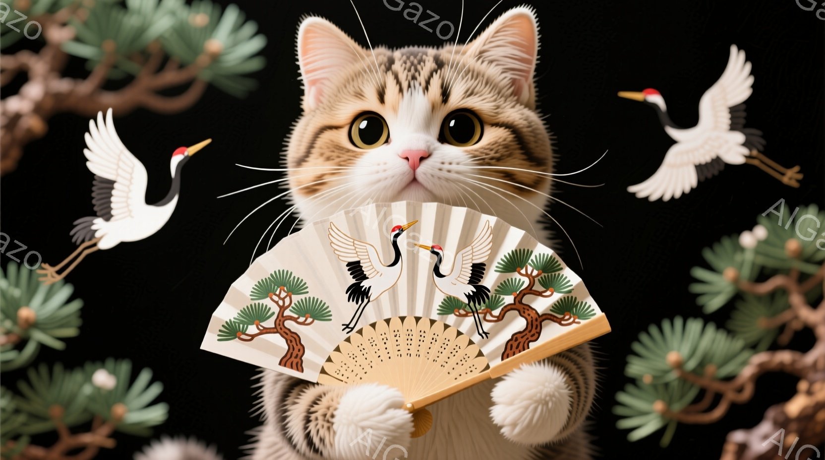 縞模様の猫が、柄が鶴と松の絵柄が描かれた扇子を両手で可愛らしく持っています。背景は暗く、針葉樹の枝が猫を取り囲むように配置され、空には鶴が舞っている様子が描かれています。全体的に、和風で優雅な雰囲気を醸し出しています。