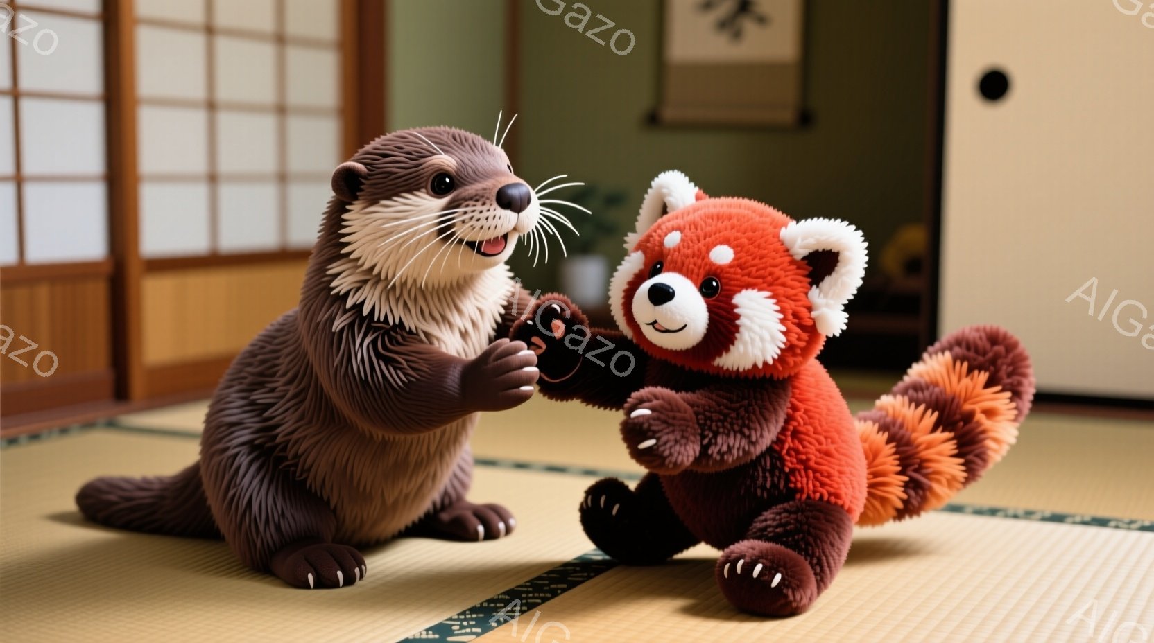 畳の上に、カワウソとレッサーパンダの2匹の動物が向かい合って座っています。カワウソは前足を伸ばして、レッサーパンダと触れ合おうとしており、どちらも微笑んでいて、友好的な雰囲気です。背景には障子戸と掛け軸が見え、日本の伝統的な部屋を思わせる落ち着いた空間を作り出しています。