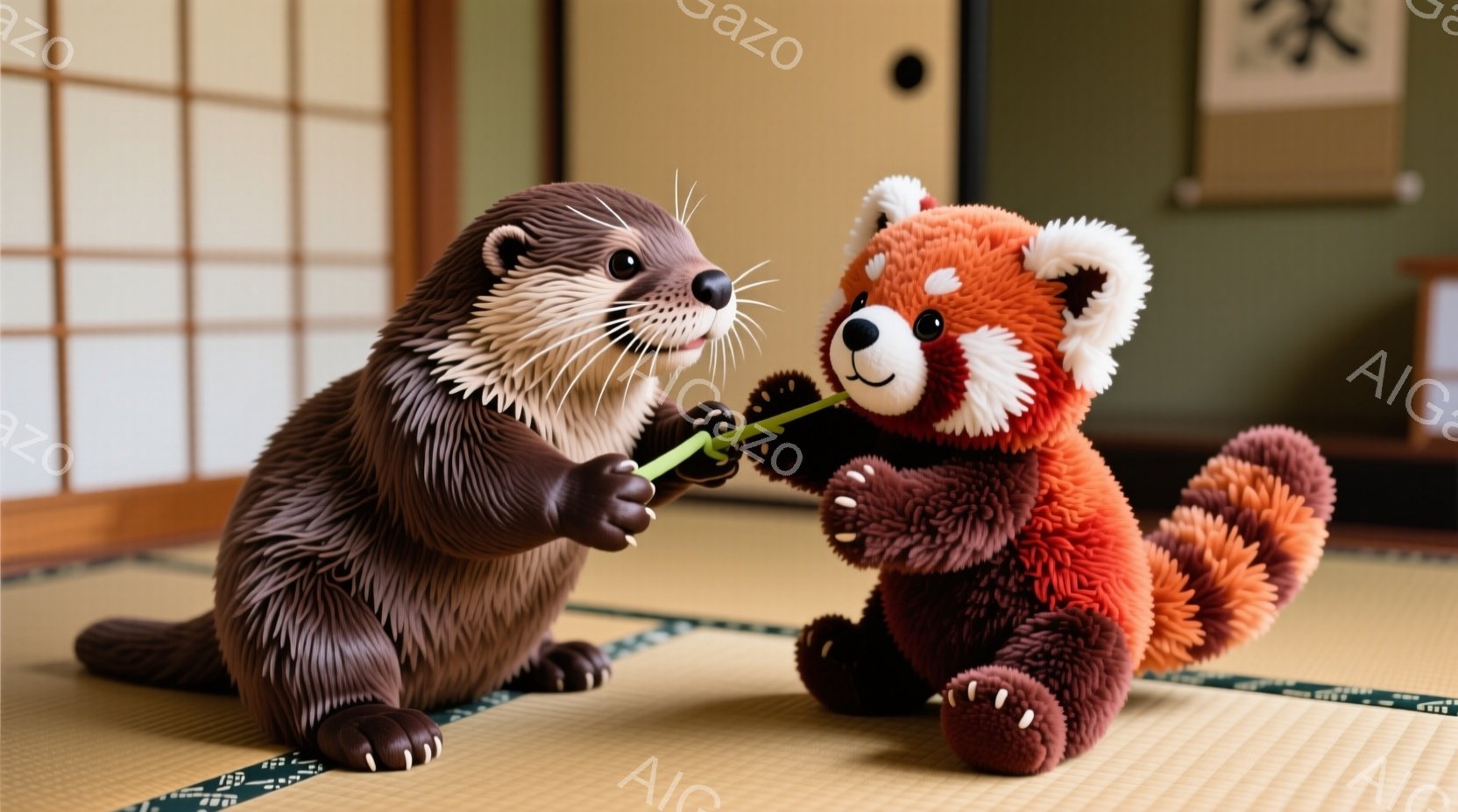 畳の上で、カワウソとレッサーパンダのぬいぐるみ同士が、一本の緑色の茎を挟んで引っ張り合っている様子が描かれている。カワウソは少し前かがみになり、真剣な表情で茎を強く掴み、レッサーパンダも同じように茎に - AI生成フリー素材