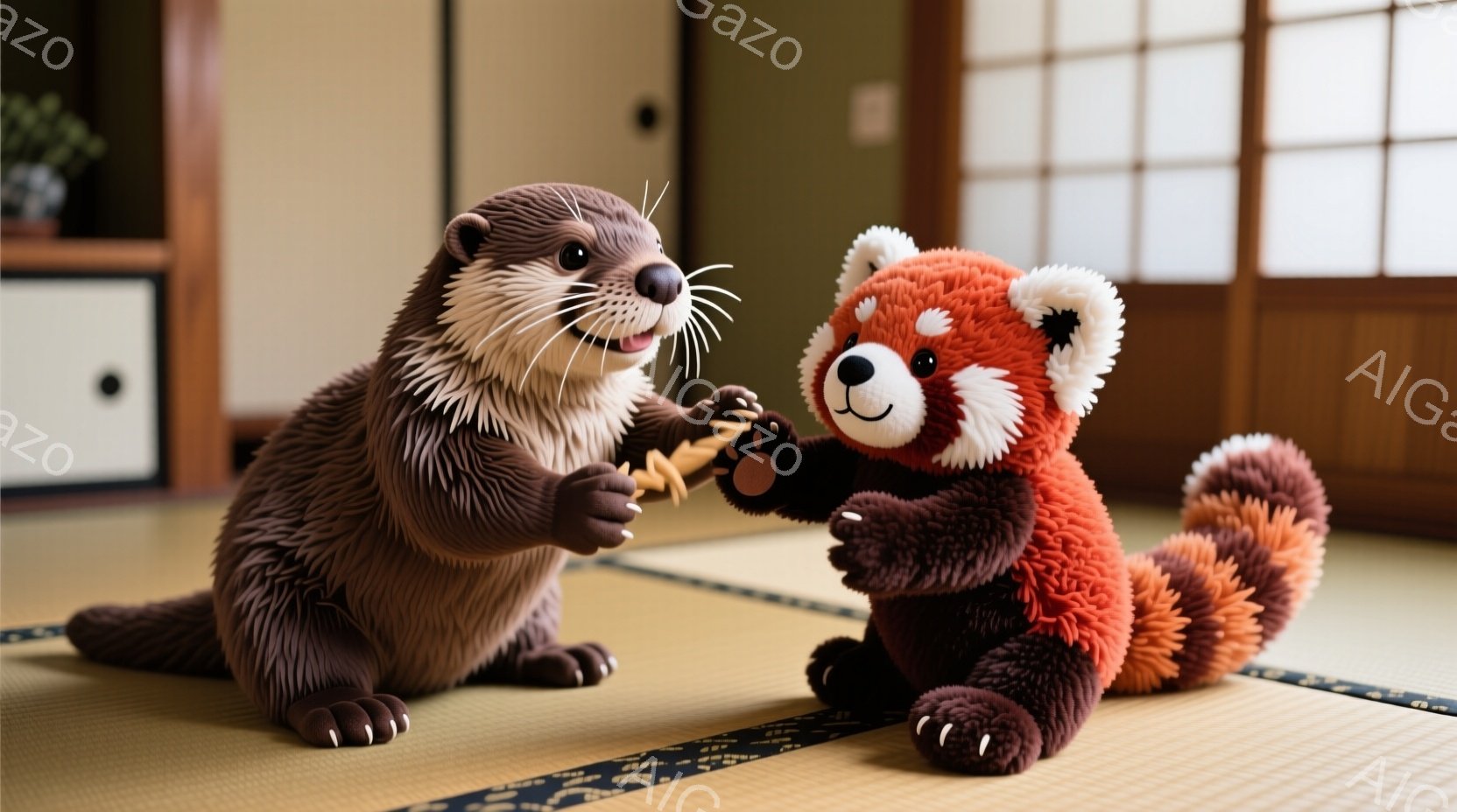 畳の上に座ったカワウソとレッサーパンダのおもちゃが描かれています。カワウソは明るい笑顔で何かを差し出しており、レッサーパンダもそれを受け取ろうと手を伸ばしています。背景にはタンスのような家具が見え、室内は落ち着いた雰囲気です。