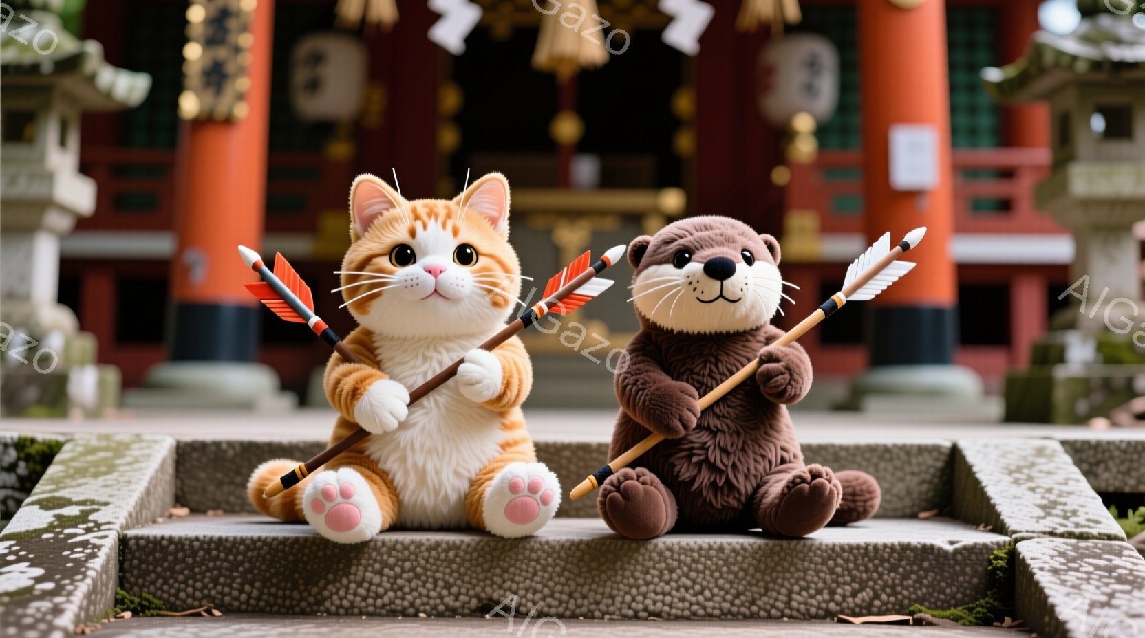 明るいオレンジ色の階段に、猫のぬいぐるみとカワウソのぬいぐるみが並んで座っています。どちらも矢筒から矢を取り出した状態で、真剣な表情を浮かべており、まるで武者修行に出かけるかのようです。背景には鮮やかな朱色の建物が見え、緑豊かな自然と相まって、厳かで少しユーモラスな雰囲気を醸し出しています。