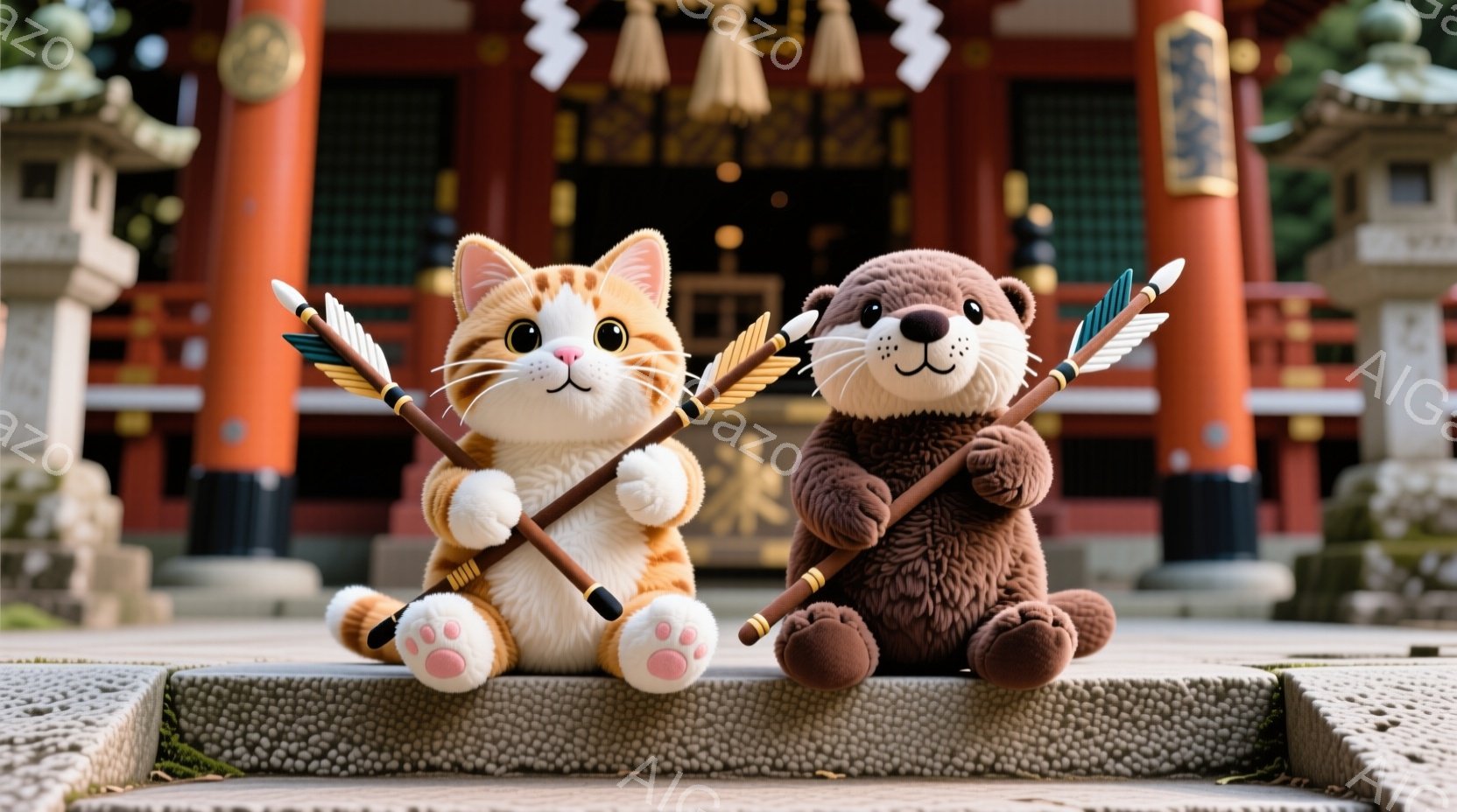 階段に座っているのは、オレンジ色のトラ柄の猫のぬいぐるみと、茶色のカワウソのぬいぐるみです。二匹とも小さな弓矢を持っており、少しいたずらっぽい表情をしています。背景には、鮮やかな朱色の神社の建物が見え、緑豊かな自然に囲まれた静かで神聖な雰囲気が漂っています。
