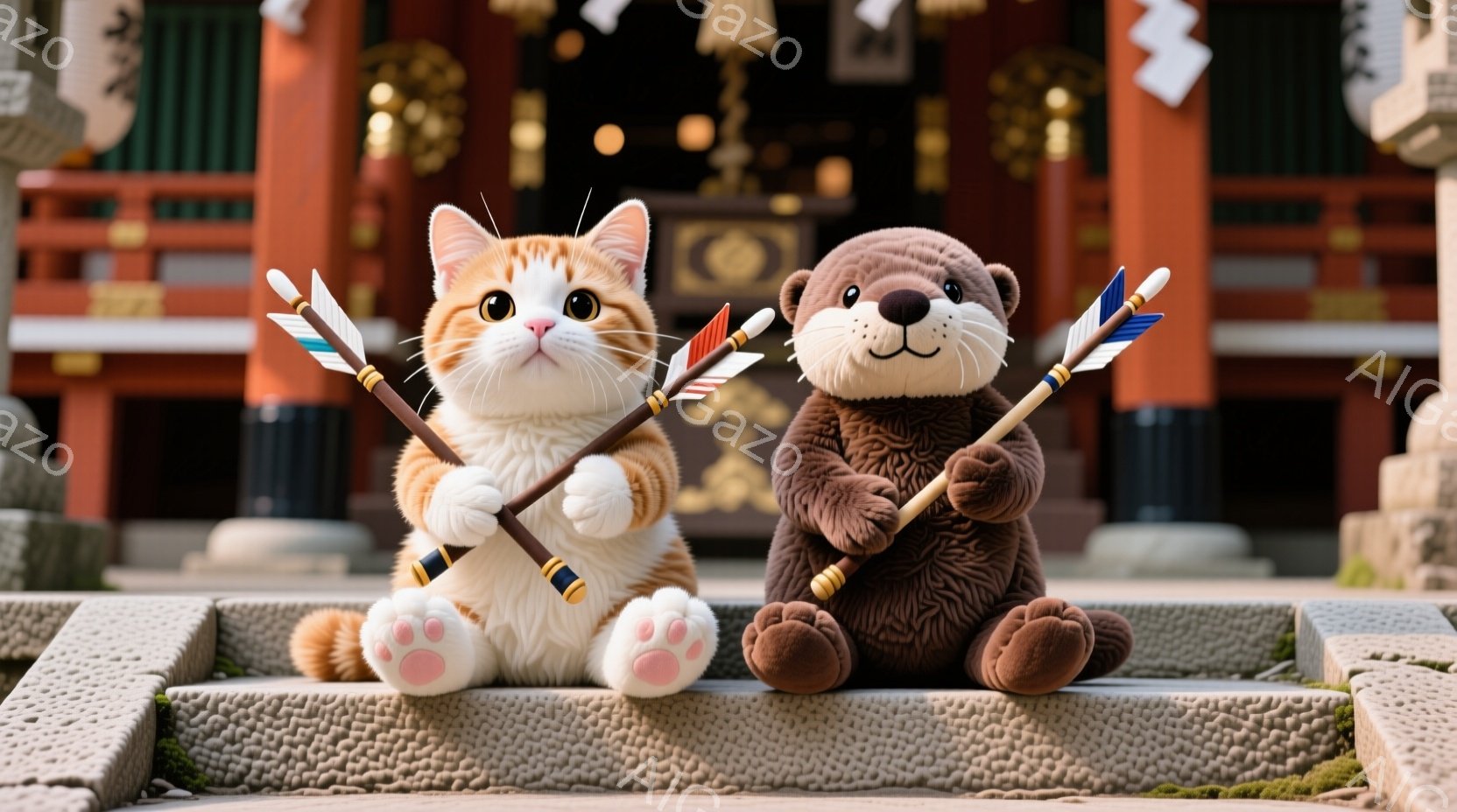 オレンジ色のトラ猫と茶色のカワウソのぬいぐるみが、神社の石段に座って矢を持っている。背景には、鮮やかな朱色の社殿と、緑豊かな自然が見え、晴れた日の穏やかな雰囲気が漂っている。猫は少し微笑んでいて、カワウソは落ち着いた表情をしている。