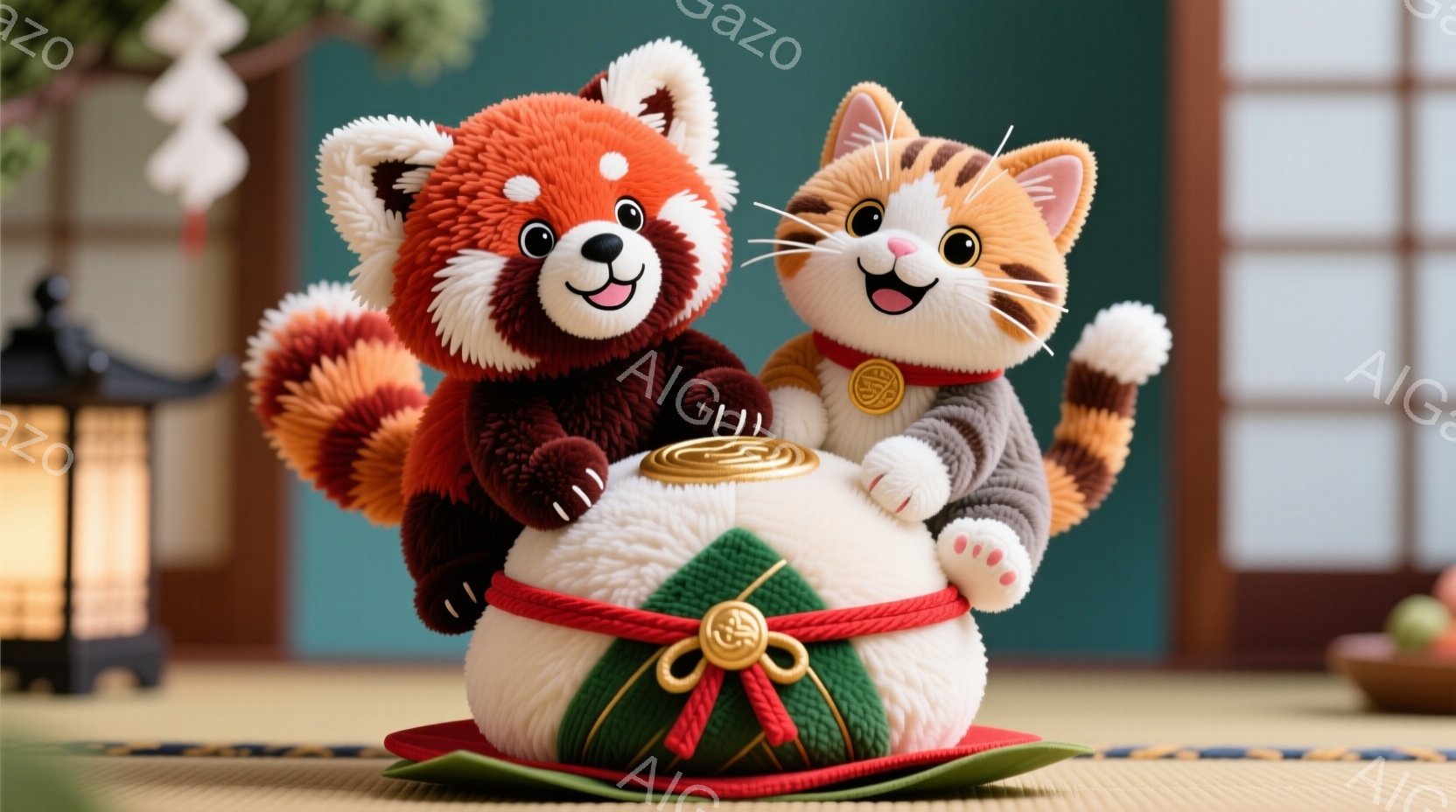 鮮やかな赤色のレッサーパンダと、茶色と白の猫が、緑色のリボンで飾られた丸い台の上に座っています。二匹とも笑顔で、パンダは片手を挙げ、猫はリボンについた小さな金貨を見ているようです。背景には畳の床と、ぼ - AI生成フリー素材