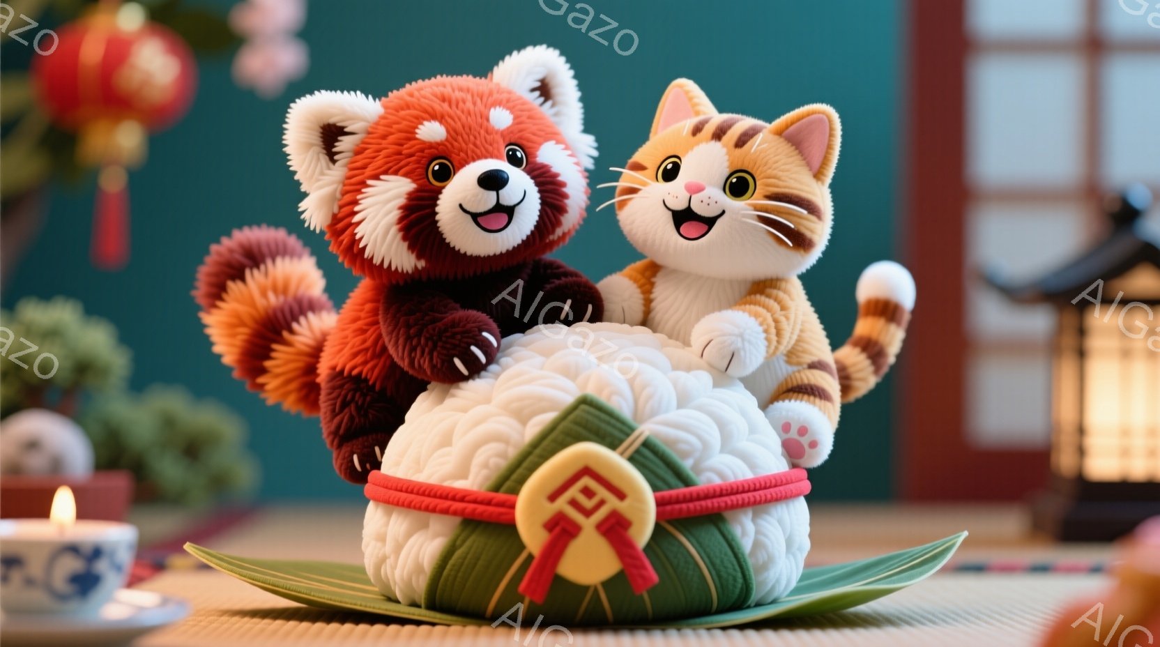 可愛らしいパンダと猫が、三角形の粽（ちまき）の上に乗って微笑んでいます。粽は緑の葉で包まれ、赤いリボンで結ばれており、背景には伝統的な中国風の装飾が見られます。全体的に、お祝いの雰囲気で、春節や端午の節句のようなお祭りに関連しているように見えます。