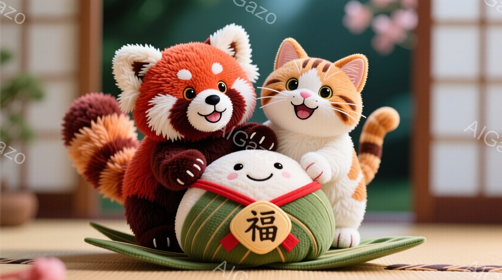 ふわふわの赤パンダ、オレンジ色のトラ猫、そして笑顔の団子が描かれています。赤パンダとトラ猫は、緑色の葉の上に置かれた団子の周りに寄り添い、楽しそうな表情をしています。背景には、ぼやけた木枠とわずかな植物が見え、全体的に暖かく、かわいらしい雰囲気を醸し出しています。