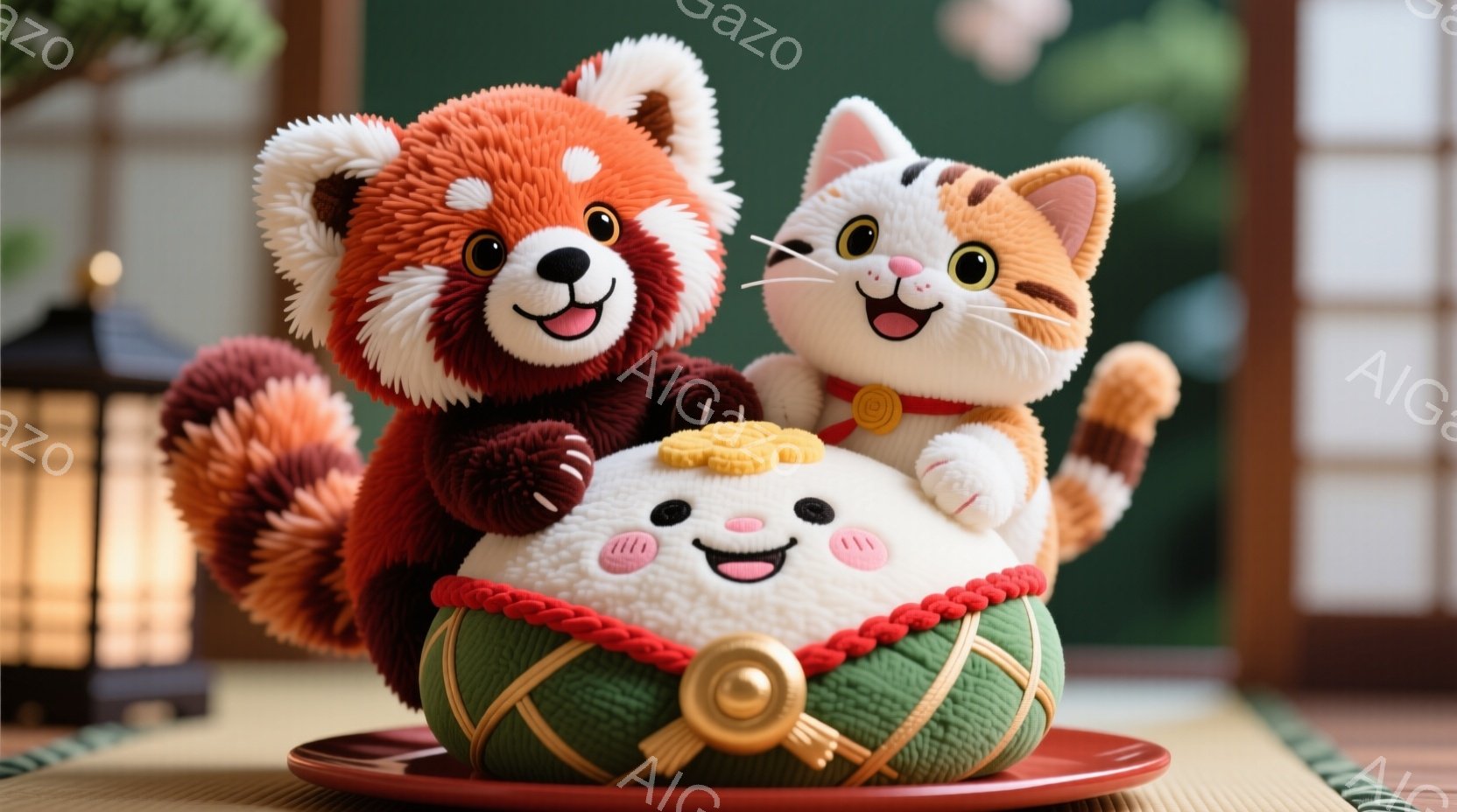 赤いパンダ、猫、そして白いお餅が、赤いお皿の上に並んでいます。パンダと猫は笑顔で、お餅の上に乗って楽しそうにしています。背景には畳があり、日本の伝統的な雰囲気が漂っています。