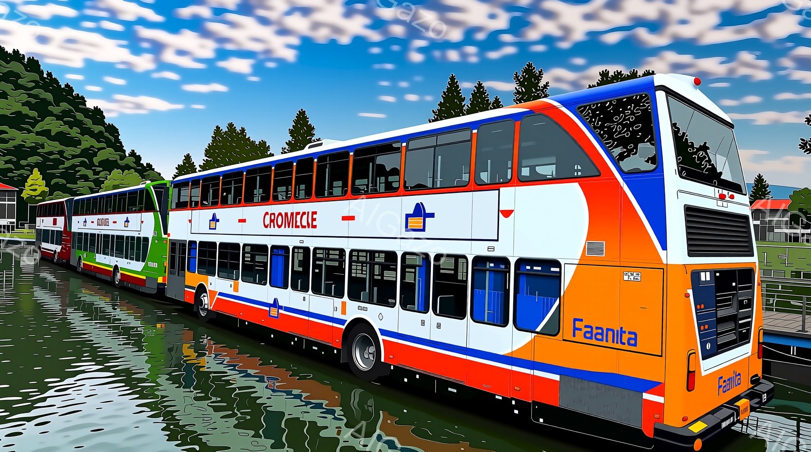 青、オレンジ、白のカラースキームを持つ、長くて大きなバスが写っています。バスは水面に反射しており、背景には緑豊かな木々や建物が見え、晴れた空が広がっています。全体的に、鮮やかでカラフルな、平和な風景を描いています。