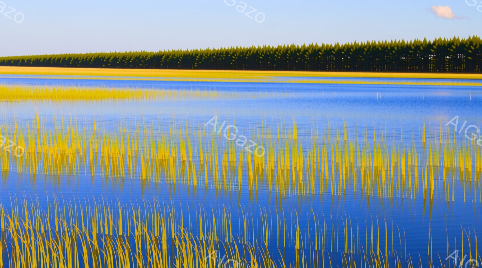 赤い小さな神社と、それに向かって歩くふわふわの白い犬が写っています。犬は頭に赤いリボンをつけ、嬉しそうに前を見つめています。背景には竹林と緑の苔があり、静かで穏やかな雰囲気を醸し出しています。