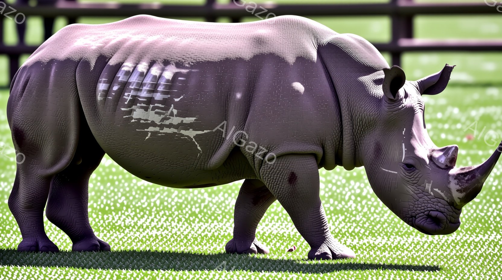 緑の草の上に立つアフリカのサイが写っている。サイは、しわが寄った灰色の肌を持ち、力強い体格と特徴的な角を持っている。背景には、ぼやけた緑の植物と、サイの影が伸びているのが見える。