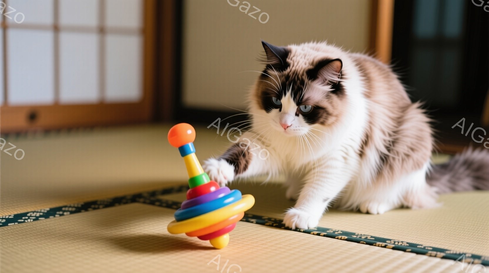 白と茶色の斑点模様の猫が畳の上でカラフルな積み重ねおもちゃを前にして座り、片方の前足で軽く触れようとしています。猫の表情は好奇心旺盛で、おもちゃに興味津々です。背景には木製の引き戸が見え、部屋全体が穏 - AI生成フリー素材