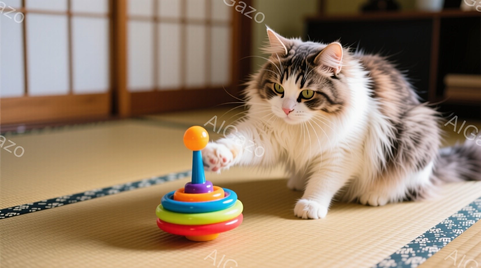 長毛の猫が畳の上に座り、カラフルな積み重ねおもちゃに前足を伸ばして遊んでいます。猫はクリーム色と茶色の毛並みで、緑色の目を持ち、好奇心と遊び心に満ちた表情をしています。背景には伝統的な障子戸が見え、部 - AI生成フリー素材