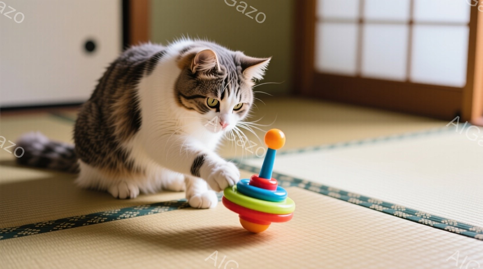 白とグレーの毛並みを持つ猫が、畳の上に置かれたカラフルな積み木のおもちゃに前足を伸ばして遊んでいます。猫は好奇心旺盛な表情で、おもちゃを見つめており、リラックスした雰囲気の室内で穏やかな時間が流れてい - AI生成フリー素材