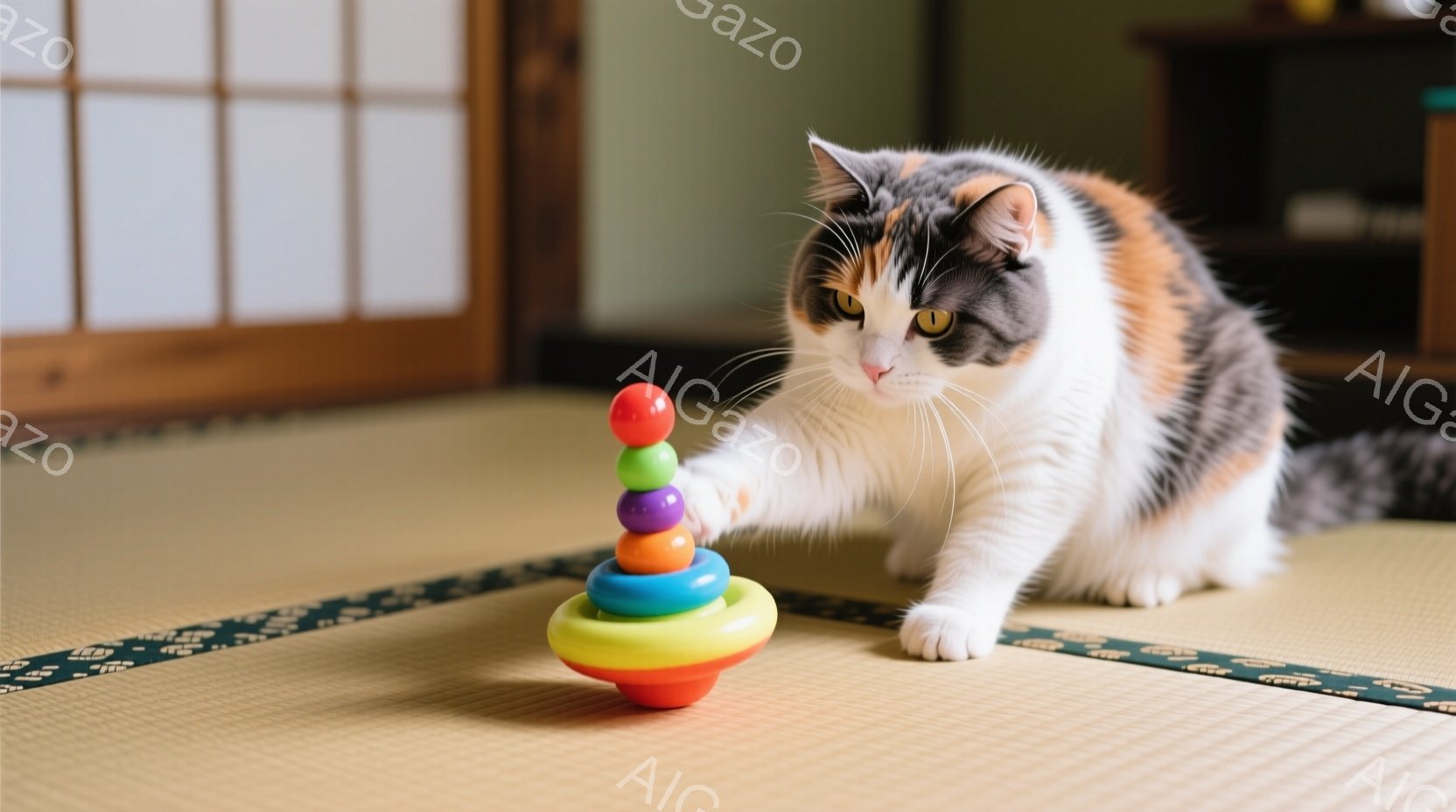 籠の中に、ふわふわの白い毛並みの犬が置かれています。首輪には金色の飾りがあり、周りには緑色の葉と、緑色の餡が入ったお団子が並んでいます。全体的に暖かく、手作り感のある優しい雰囲気です。