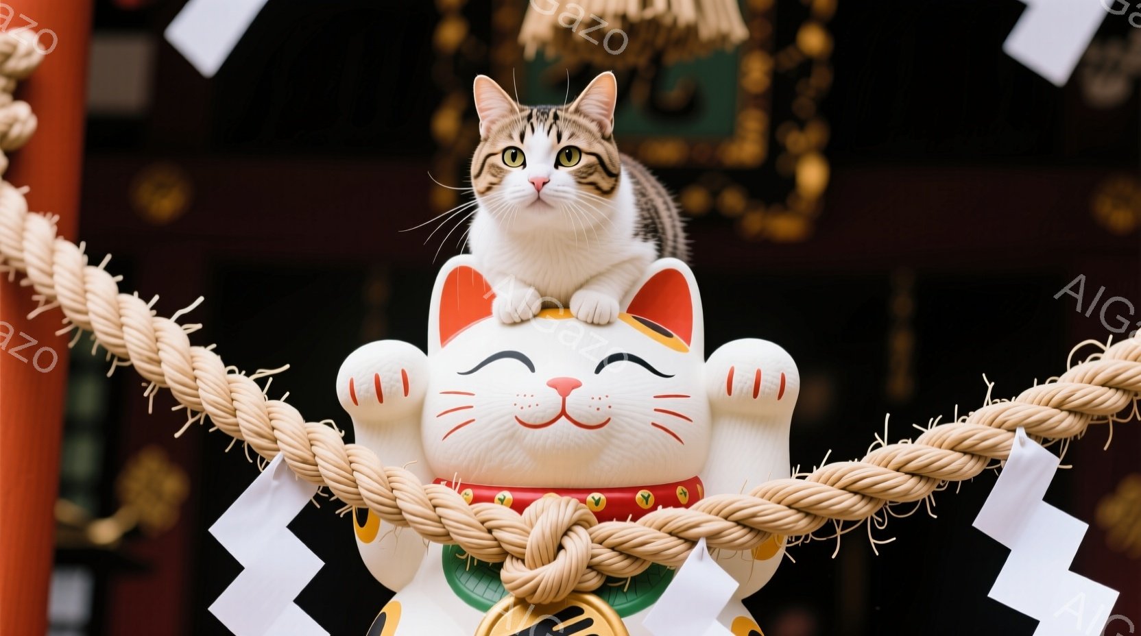 寺院の縁に、招き猫の上に猫がちょこんと座っています。白い猫は丸い耳を立て、好奇心に満ちた表情でカメラを見ています。背景には白と赤の旗、太い縄、そして伝統的な寺院建築の一部が見え、神聖で穏やかな雰囲気が漂っています。