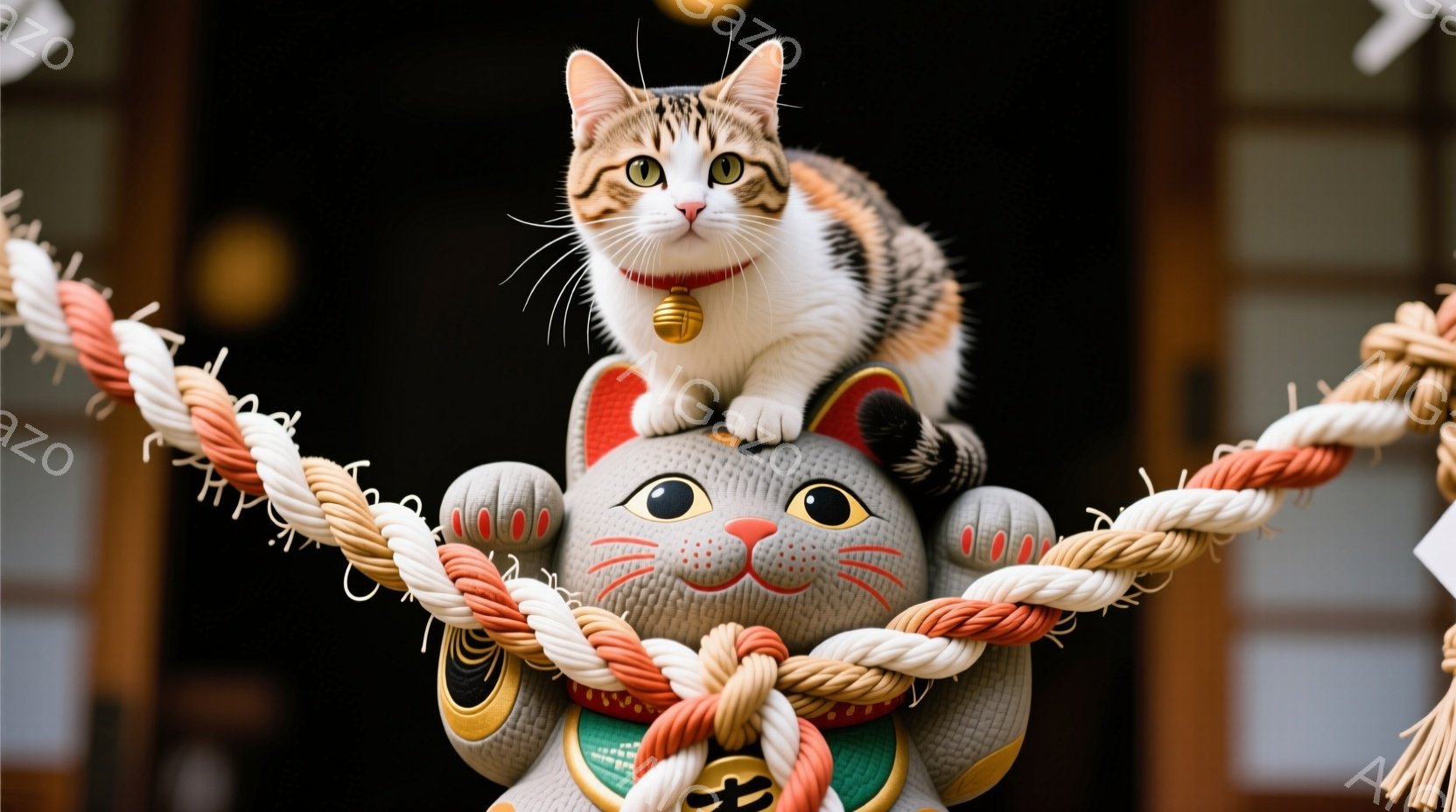 巨大な招き猫の頭上に、三毛猫がちょこんと腰掛けています。三毛猫は金色の鈴付きの首輪をつけ、少し上目遣いでこちらを見つめており、陽気で遊び心のある表情をしています。背景には太い縄が巻かれ、お寺や神社の入り口のような、伝統的な日本の建物の一部が見え、静かで神聖な雰囲気が漂います。
