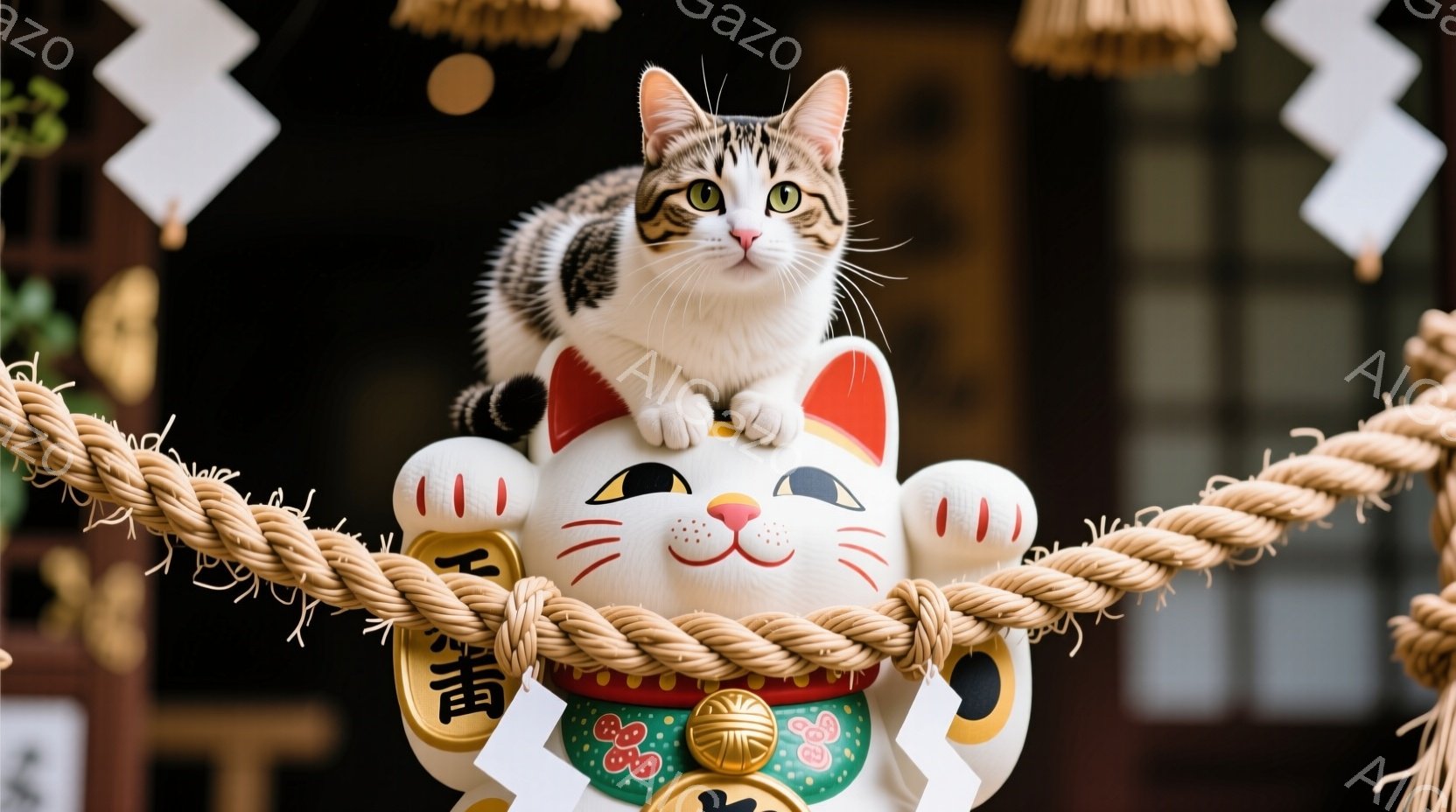白い招き猫の上に、縞模様の猫が前足を乗せて座っています。招き猫は赤いエプロンをつけており、背景には白い装飾が並んだ神社の建物が見えます。全体的に温かく、縁起の良い雰囲気で、猫が招き猫を見守っているような構図です。