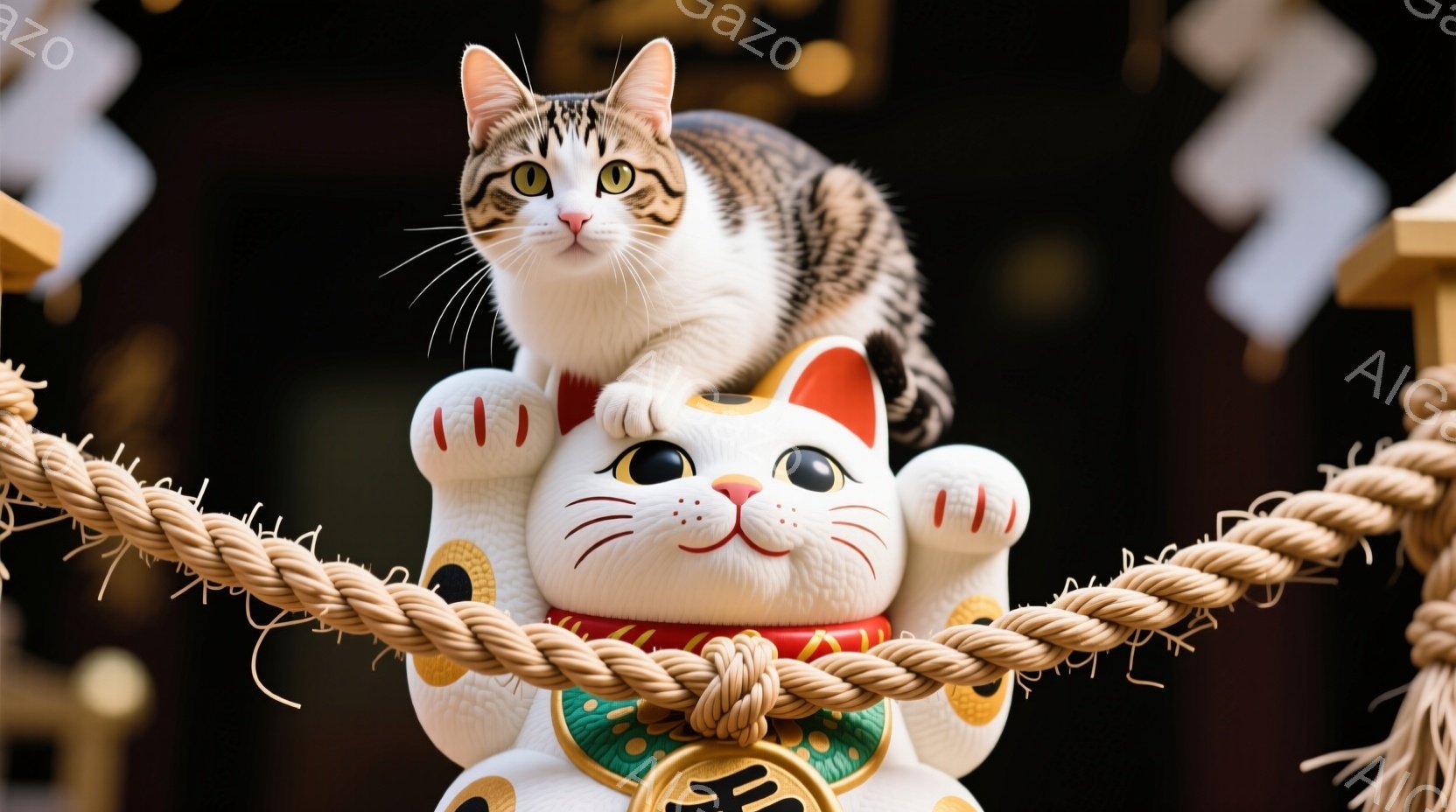 白と茶色の縞模様の猫が、赤いマントをまとった白い招き猫の上に乗って座っています。猫は前足を伸ばし、興味深げな表情でカメラを見ており、背景には神社の縄と白い提灯が見えます。全体的に、神聖な雰囲気の中で猫 - AI生成フリー素材