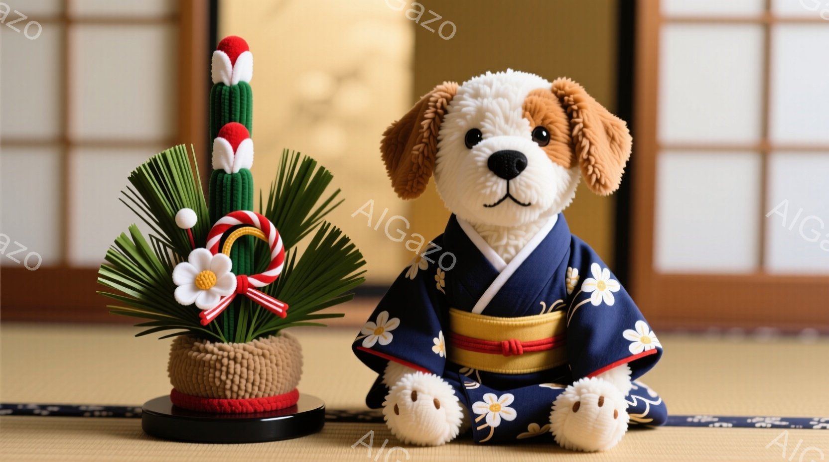 ぬいぐるみ犬が紺色の着物姿で、畳の上に座っています。着物には白い花模様があり、黄色い帯で結ばれています。背景には和室の壁と、赤い飾り紐と造花でできた正月飾りが見え、落ち着いた和の雰囲気が漂っています。