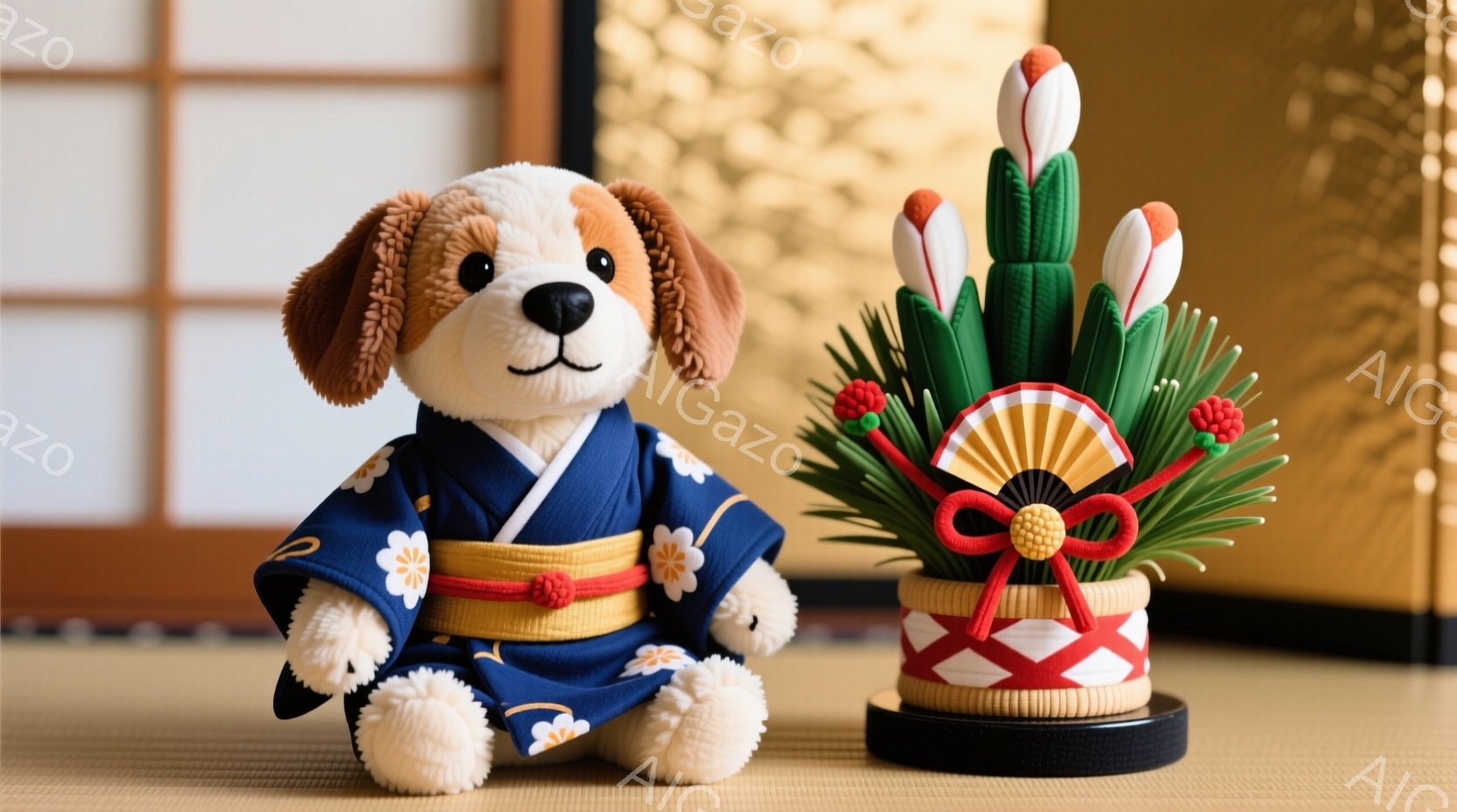 白と茶色の毛並みの犬のぬいぐるみが、濃紺色の着物姿で座っています。着物には白い花柄が描かれ、金色の帯が結ばれています。背景には日本の伝統的な金色の屏風と畳があり、右隣には赤い飾り紐と白い花が活けられた - AI生成フリー素材