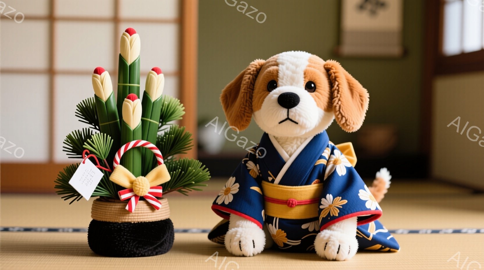 畳の上に、青い花柄の着物を着た犬のぬいぐるみと、お正月飾りの造花が並んでいます。犬はリラックスして座っており、穏やかな表情をしています。背景には障子戸が見え、日本の伝統的なお正月の雰囲気が漂っています。