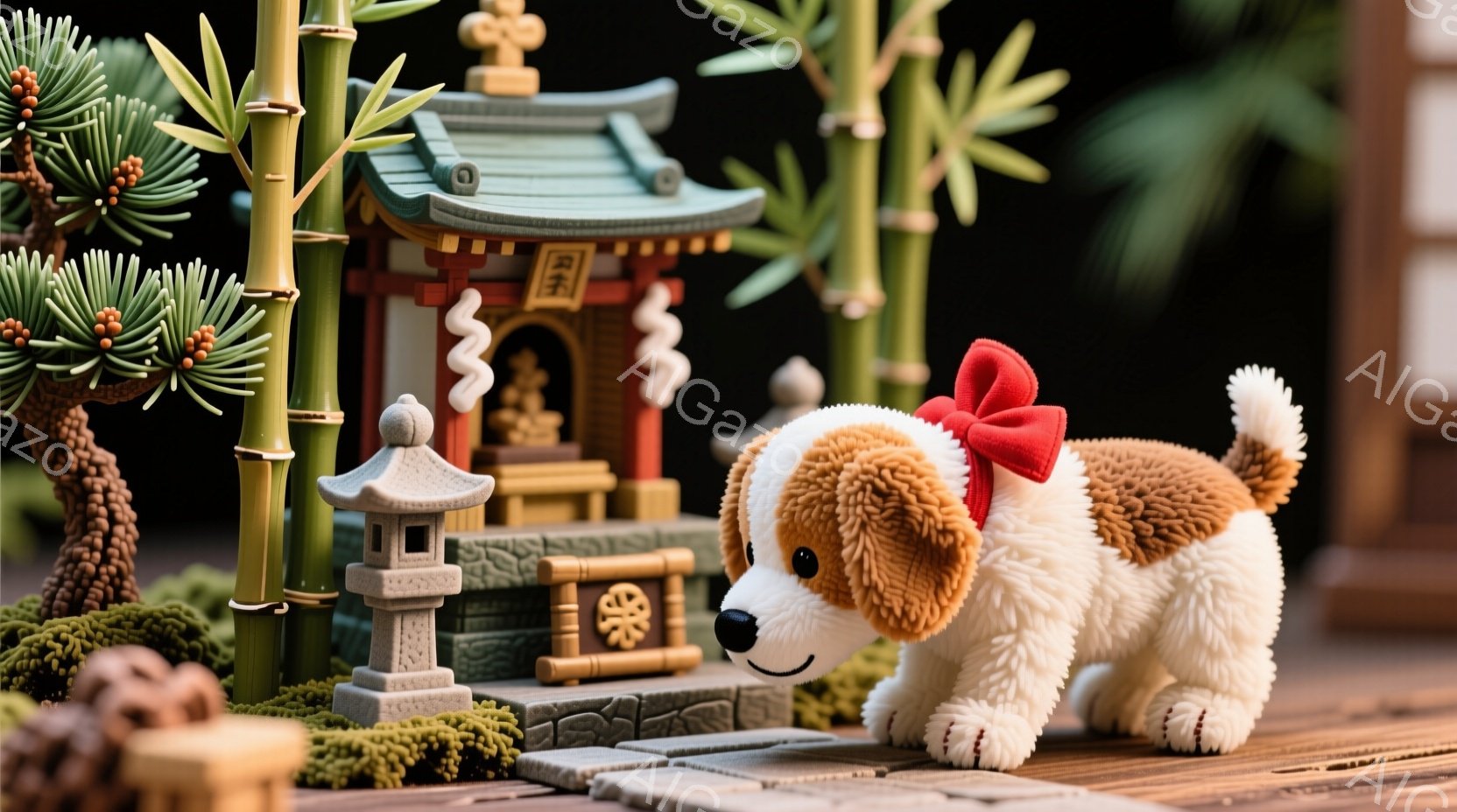 鮮やかな緑の竹林の中に、小さくて可愛らしい犬のぬいぐるみが描かれています。赤いリボンを付けた犬は、苔むした石畳の道に置かれた小さな神社に向かって、興味津々とした表情で歩き出そうとしています。背景には、 - AI生成フリー素材