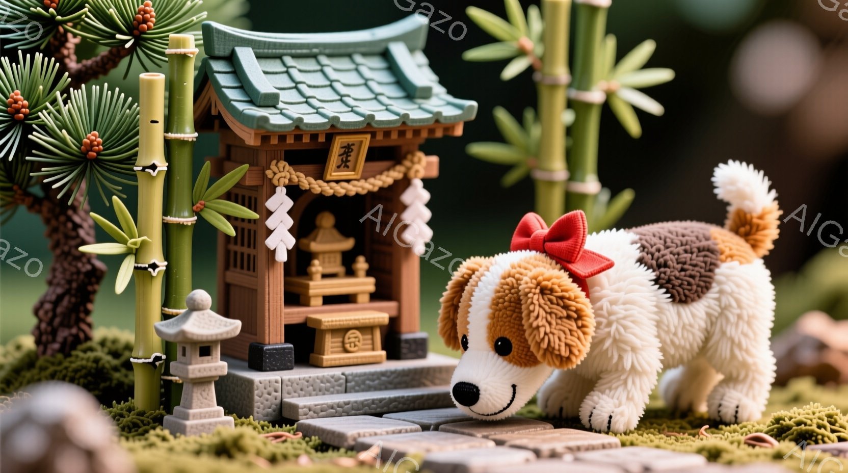 小さな犬が、苔むした石畳の道と、ミニチュアの神社に向かって歩いています。犬はふわふわのクリーム色の毛並みで、茶色と黒の斑点があり、赤いリボンを頭につけています。背景には緑豊かな竹林と、苔むした石灯籠が - AI生成フリー素材