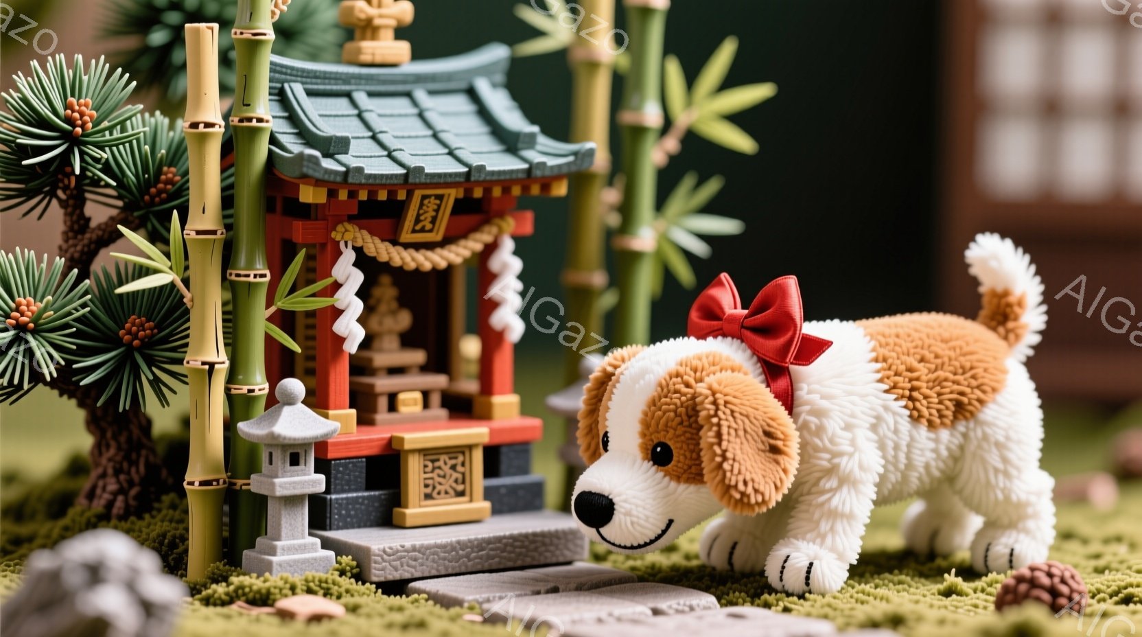 暗い赤い背景に、青い着物に身を包んだハムスターが、赤いクッションの上に座っています。ハムスターは手を組み、穏やかな表情でこちらを見ており、まるで小さな武士のようです。背景には、オレンジ色の提灯がいくつか浮かび、お祭りや伝統的な日本の雰囲気を醸し出しています。