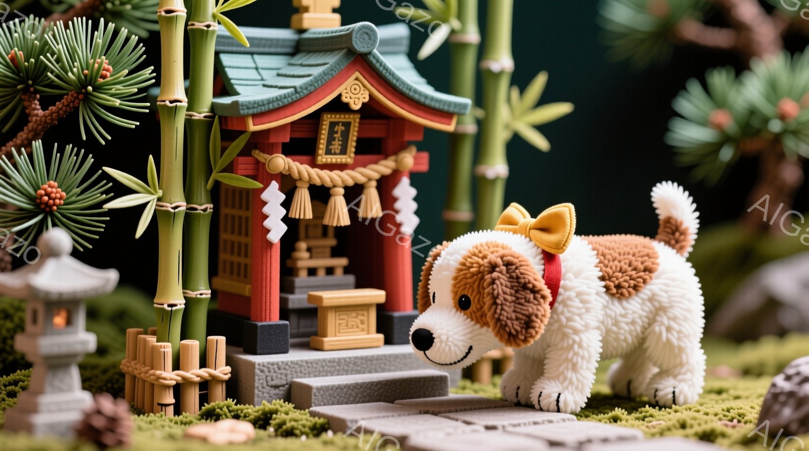 小さな犬が、赤い神社の前にひざまずき、敬虔な様子で祈っているように見える。背景には竹林と石灯籠があり、緑豊かな自然に囲まれた神聖な雰囲気を醸し出している。犬はオレンジと白の毛並みで、首輪には可愛らしい飾りをつけている。