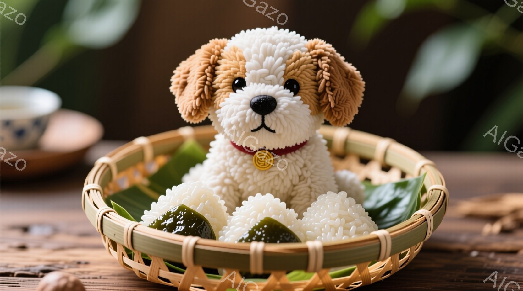 籠の中に、おにぎりでできた犬が座っています。犬は白い体に茶色の耳を持っており、首輪をつけています。背景には木製のテーブルと緑の葉、そしてぼやけた茶碗が見え、全体的に暖かく、可愛らしい雰囲気が漂っていま - AI生成フリー素材