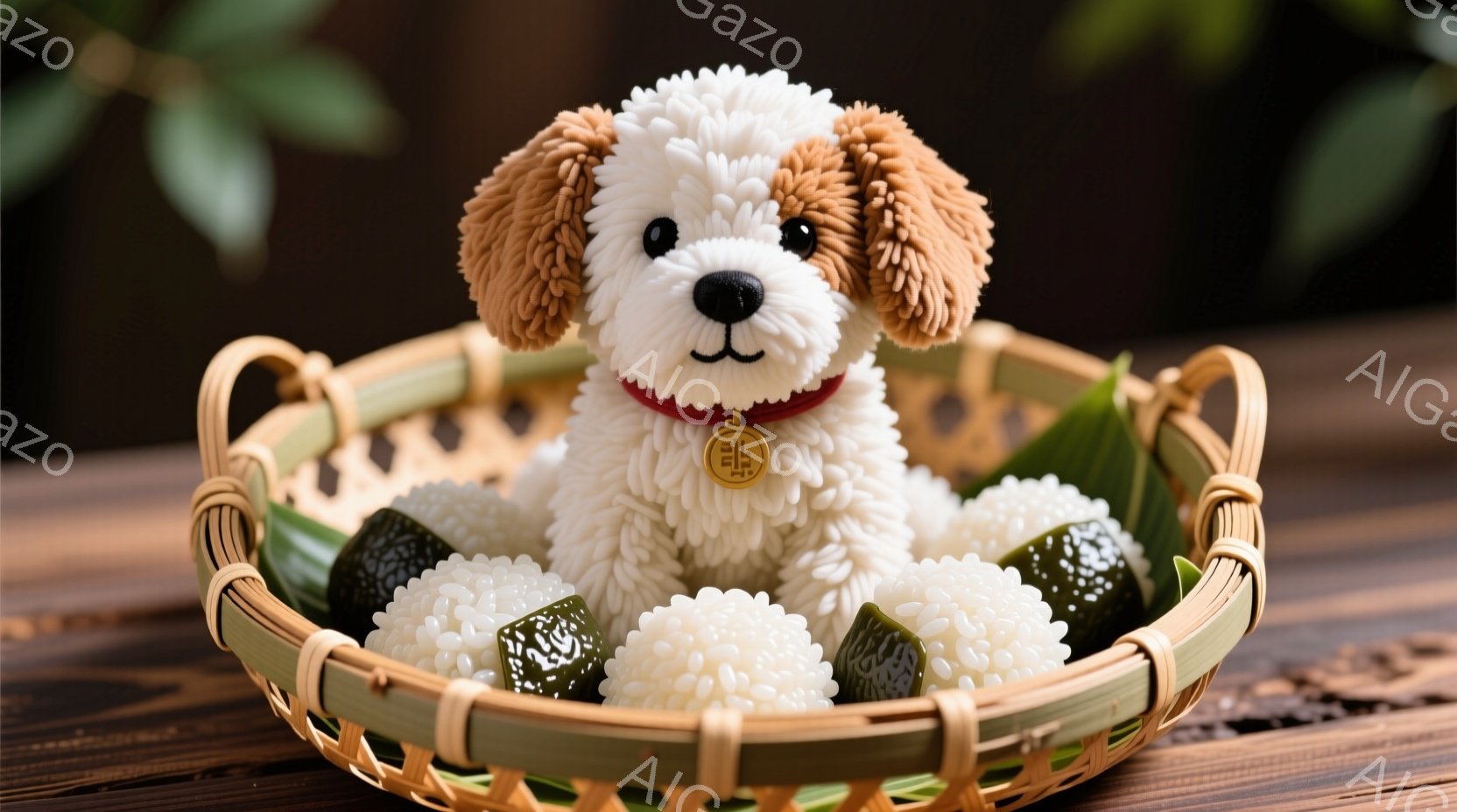 籠の中に、ふわふわのクリーム色の犬のぬいぐるみと、いくつかのおにぎりが並んでいます。犬のぬいぐるみは、茶色の耳と赤い首輪をつけており、優しい表情をしています。背景は木のテーブルで、自然光が差し込み、温かく穏やかな雰囲気を醸し出しています。