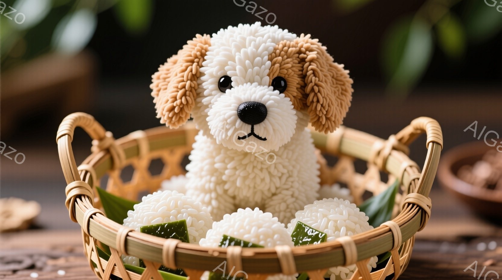 籠の中に、おにぎりでできた犬が座っています。白いご飯と海苔で作られた姿は可愛らしく、つぶらな瞳が印象的です。背景には木製のテーブルとぼんやりとした緑が見え、温かみのある雰囲気が漂っています。