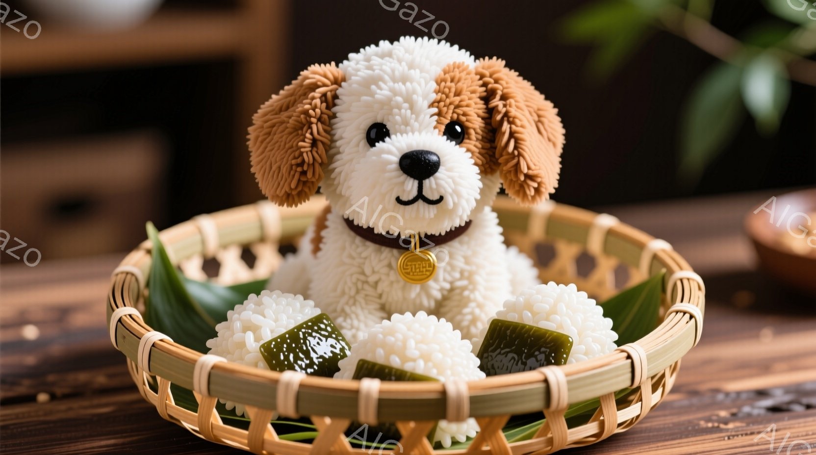 籠の中に、ふわふわとした白い犬のぬいぐるみが、緑色の葉の上に座っています。犬は茶色の耳をしており、首輪には金色のメダルがついています。背景には木製のテーブルとぼやけた背景が見え、全体的に温かく可愛らし - AI生成フリー素材