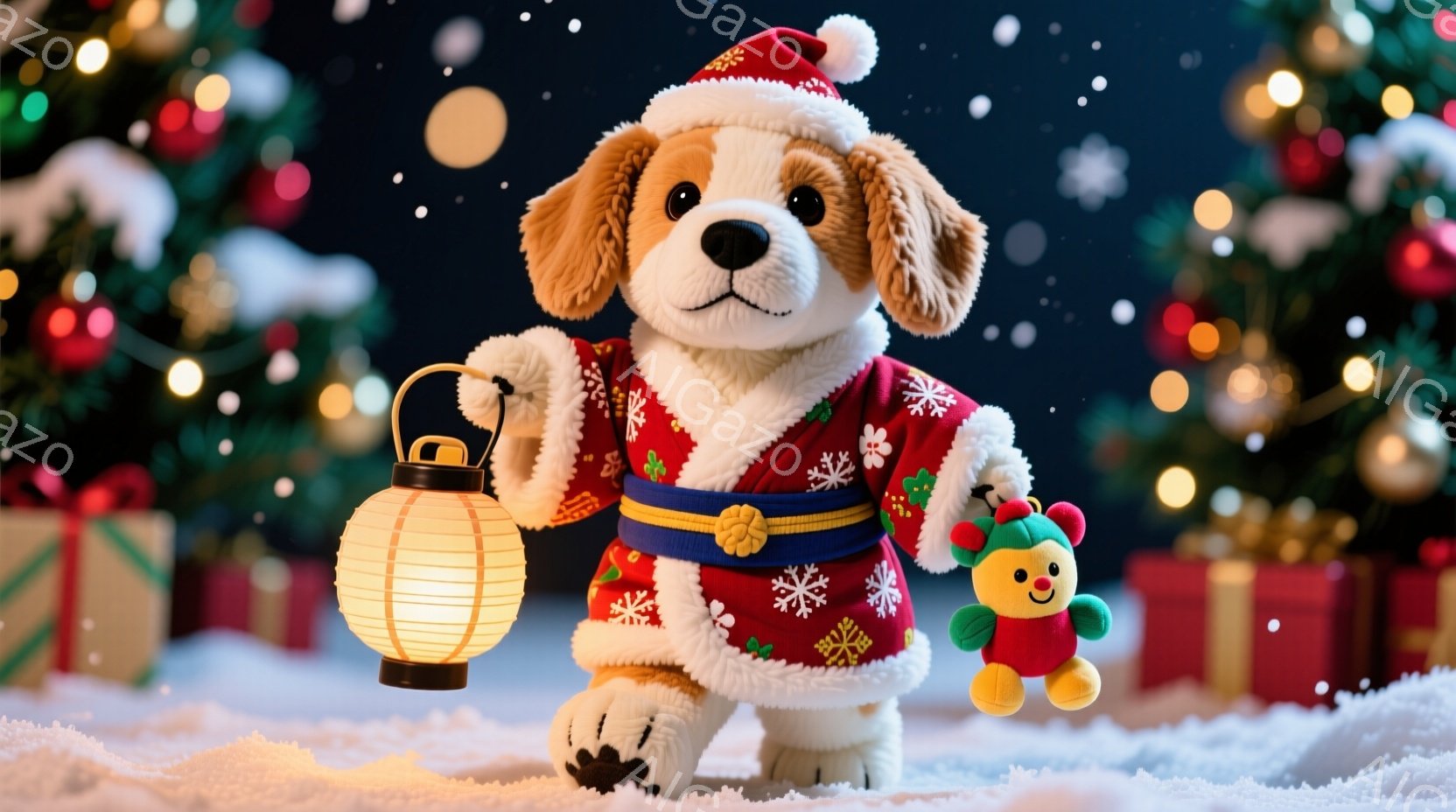 ふわふわのフクロウのぬいぐるみが、太い縄にぶら下がっています。背景には、雪が降る中、赤い神社の建物が見え、厳かで静かな雰囲気が漂っています。フクロウの下には、金色の鐘が吊り下げられており、冬の寒さの中、暖かさを感じさせます。