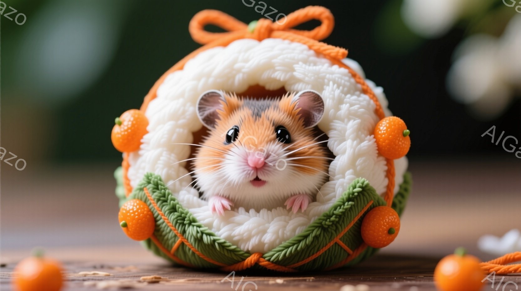 小さなハムスターが緑色のリボンとオレンジの小さな果物で飾られた、白いふわふわの円形のベッドに座っています。ハムスターは丸い顔で、つぶらな瞳を見開いていて、とても可愛らしい表情をしています。背景には木製のテーブルとぼんやりとしたオレンジ色の果物が写っており、全体的に温かく、遊び心のある雰囲気を醸し出しています。