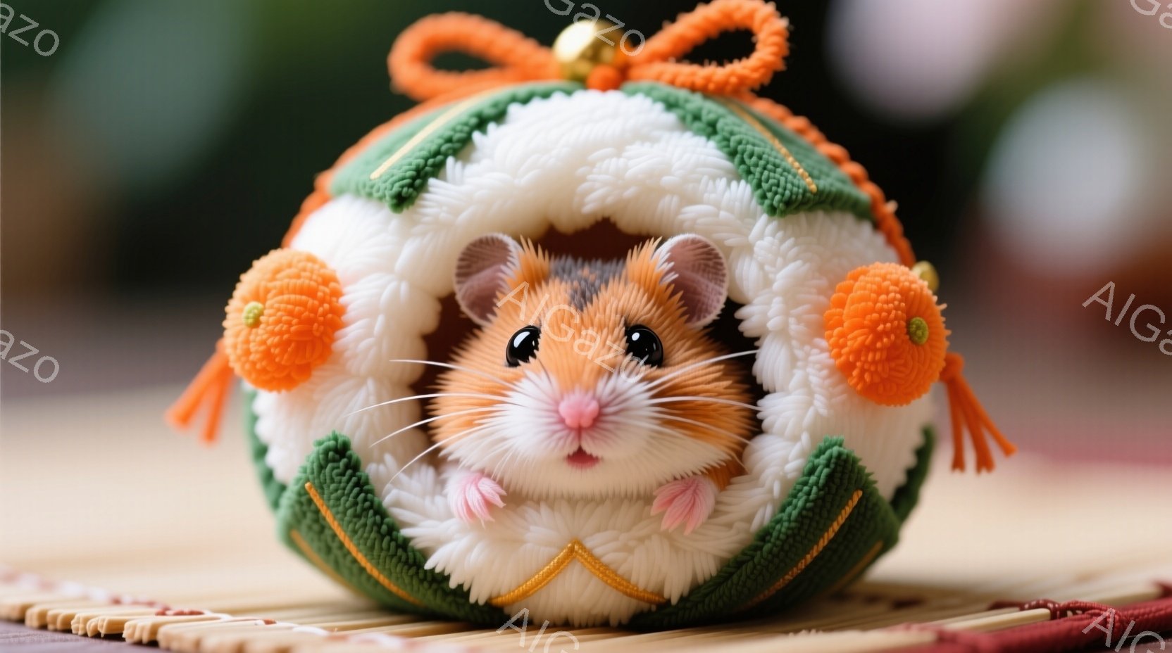 小さなハムスターが、緑と白の装飾が施された丸い衣装の中に可愛らしく身を寄せている。丸い衣装にはオレンジ色のポンポンとタッセルが飾られており、まるで雛祭りのような趣がある。背景はぼかされており、暖かく、優しい雰囲気を醸し出している。