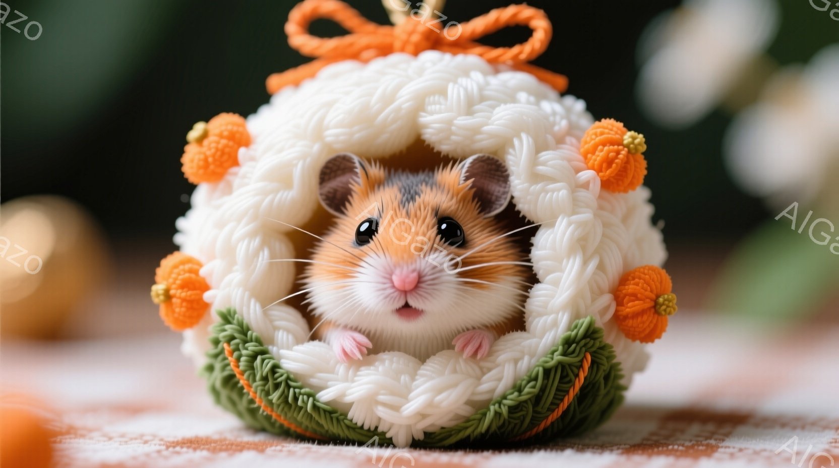 小さなハムスターが、白いフリルと緑の縁取りが施された装飾的なベッドのようなものに丸まって座っています。ハムスターは明るい目でこちらを見つめ、少し口を開けて可愛らしい表情をしています。背景はぼやけており、オレンジと白の模様の布と他の装飾が見え、全体的に暖かく、お祝いのような雰囲気です。