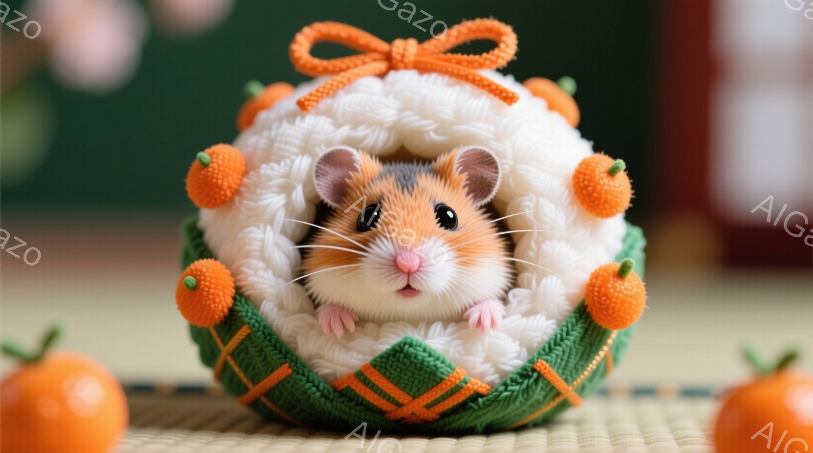白いふわふわとした衣装の中に、小さなハムスターが丸まって座っています。その衣装は緑色の編み込み模様で縁取られ、オレンジ色の小さなみかんのような飾りとリボンがついており、お正月らしい雰囲気を醸し出しています。背景には畳とぼやけたオレンジ色のものがいくつか見え、全体的に暖かく可愛らしい印象です。