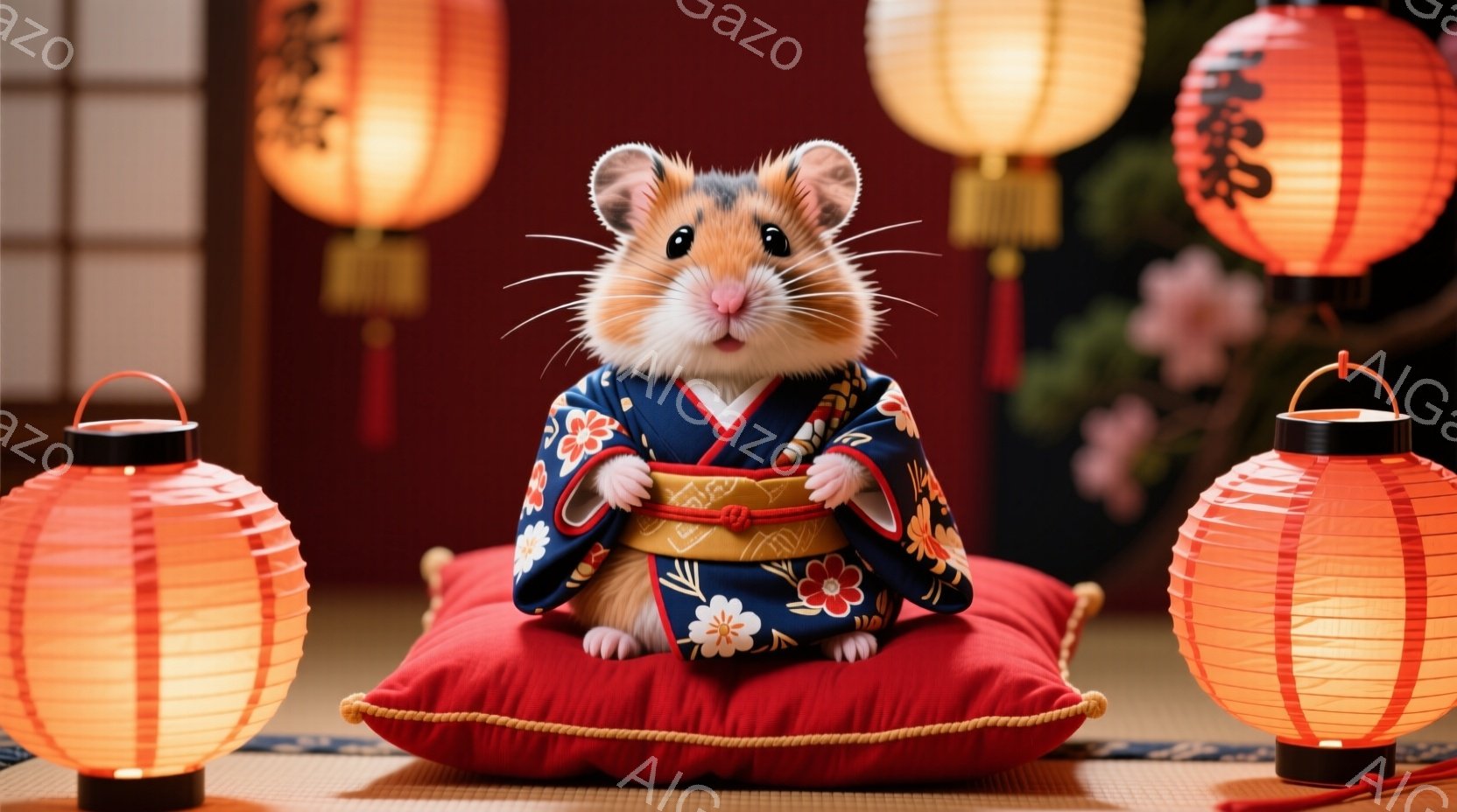 ハムスターが鮮やかな藍色の着物を着て、赤いクッションの上に座っています。着物には白い桜の花が描かれており、腰には金色の帯が巻かれています。背景には畳の床、赤い提灯、そしてぼんやりと桜の花が見え、和やかな雰囲気を醸し出しています。