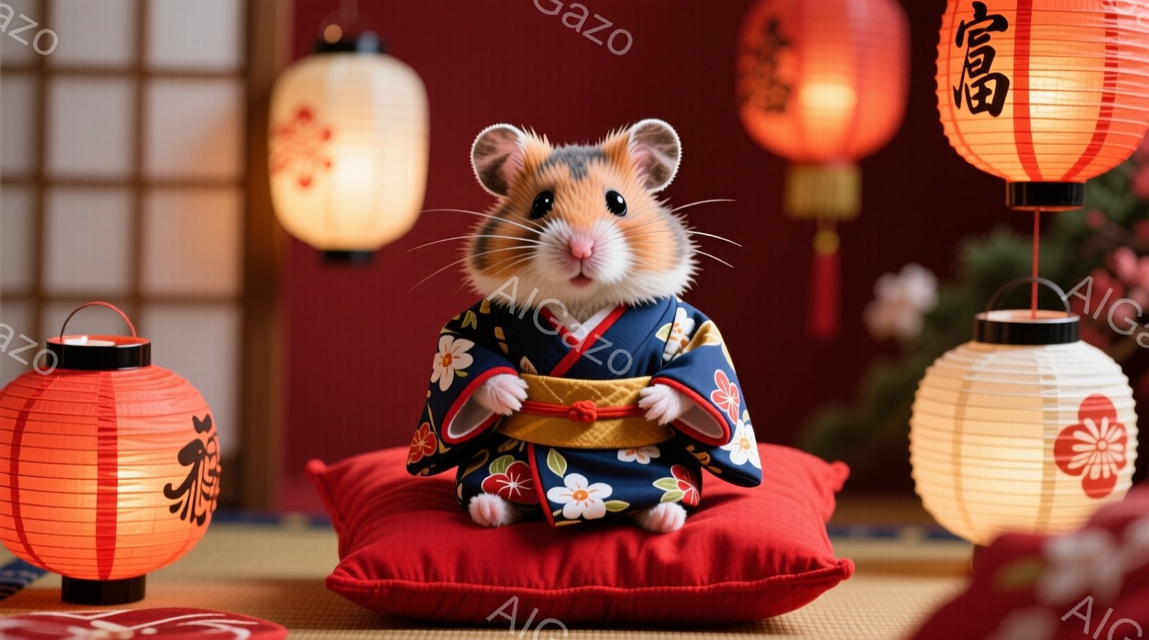 紺色の着物に黄色い帯を締めたハムスターが、赤いクッションの上に座って瞑想しています。背景には、提灯が並び、畳の床が見え、日本の伝統的な雰囲気が漂っています。ハムスターは穏やかな表情で、静かで平和な雰囲 - AI生成フリー素材