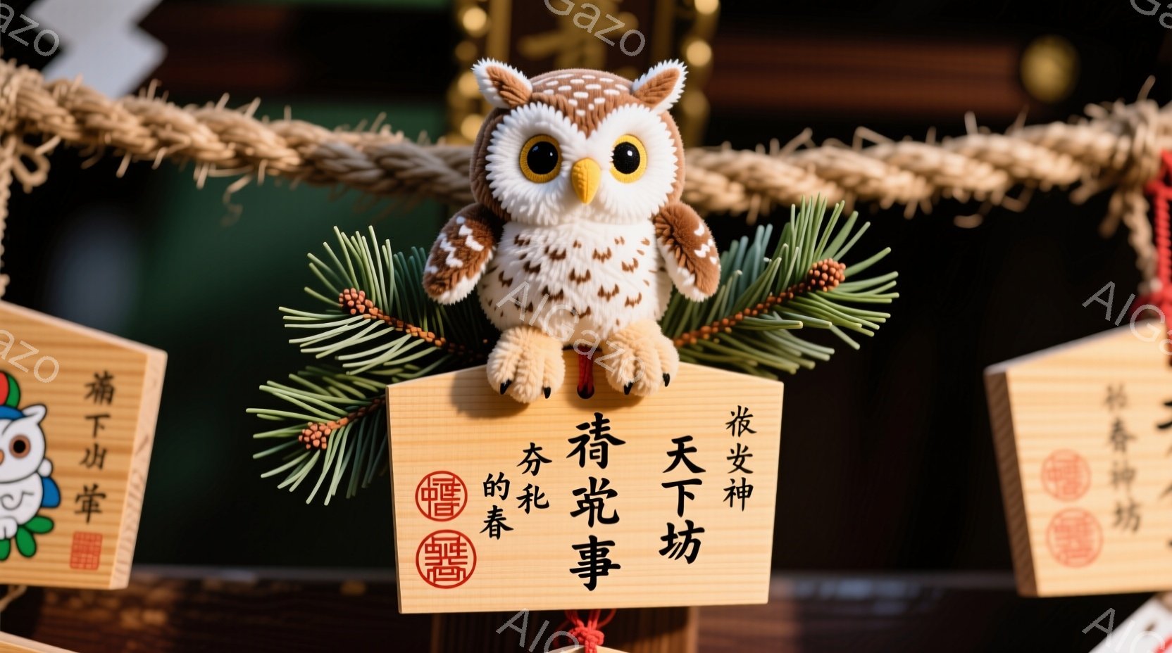 可愛らしいフクロウの置物が、新年の飾り付けの一部として描かれています。フクロウは茶色い着物を着ており、木の上に止まって前を見つめています。背景には、赤い文字が書かれた木製の板や、白い飾り紐が見え、お祭 - AI生成フリー素材