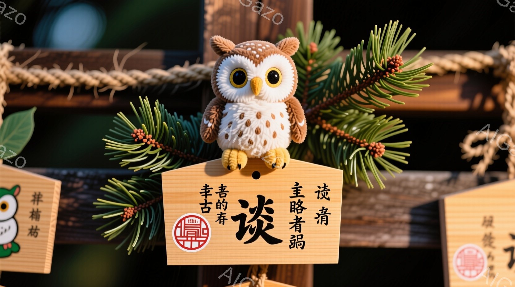 緑豊かな葉と麻紐で飾られた小さな木製の札が並んでいます。その中央には、丸い目で愛らしいフクロウのぬいぐるみがあり、札には「夜」という文字と赤い印が記されています。札は伝統的な雰囲気の背景に設置されており、お祭りや神社の装飾の一部として見られます。
