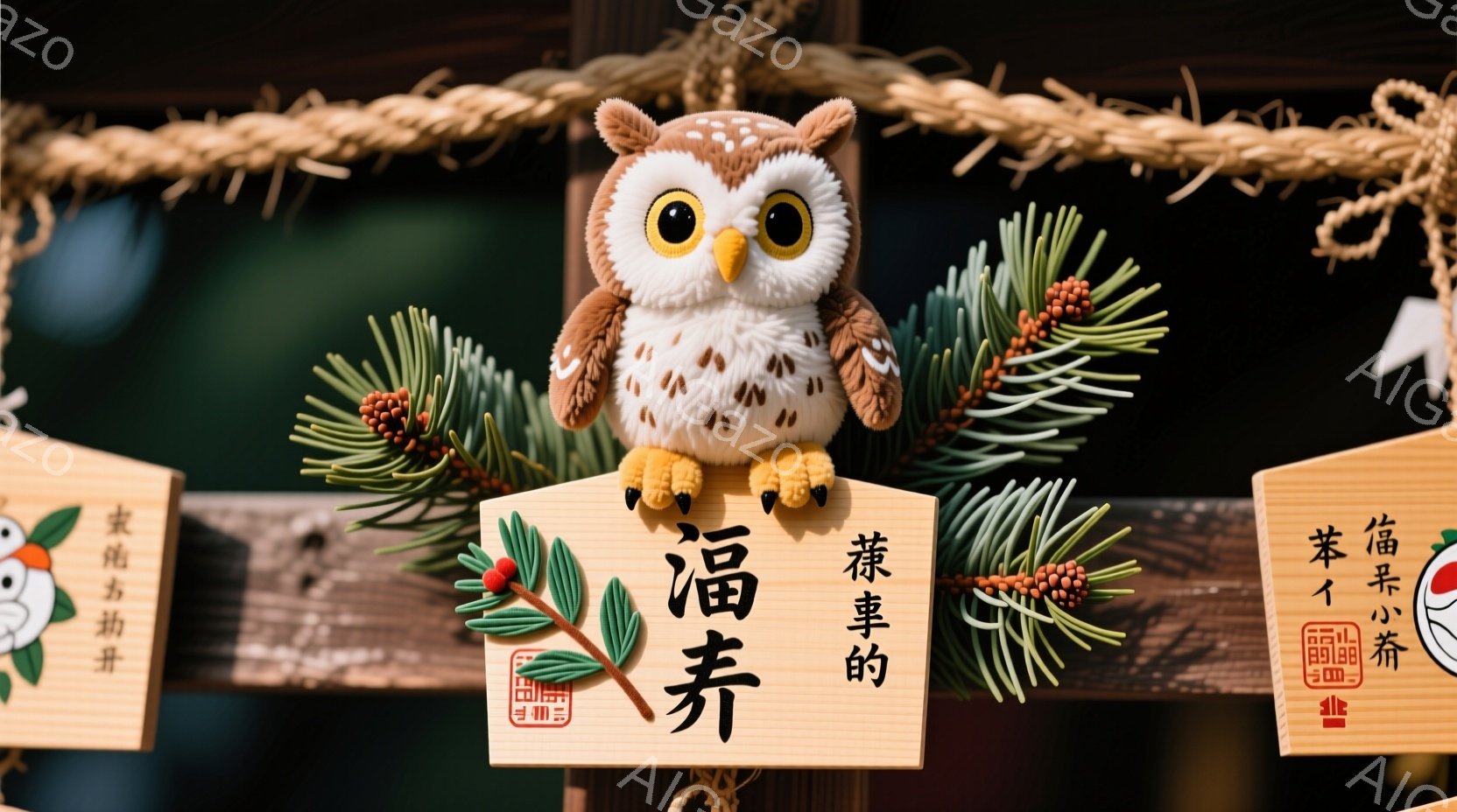 ふわふわとした茶色のフクロウの置物が、木製の看板の前に飾られています。看板には「福来」という文字と赤い実が描かれ、フクロウの足元には緑色の針葉樹の枝が添えられています。全体的に暖かく、お祝いの雰囲気で、縁起の良い新年の飾り付けの一部と思われます。