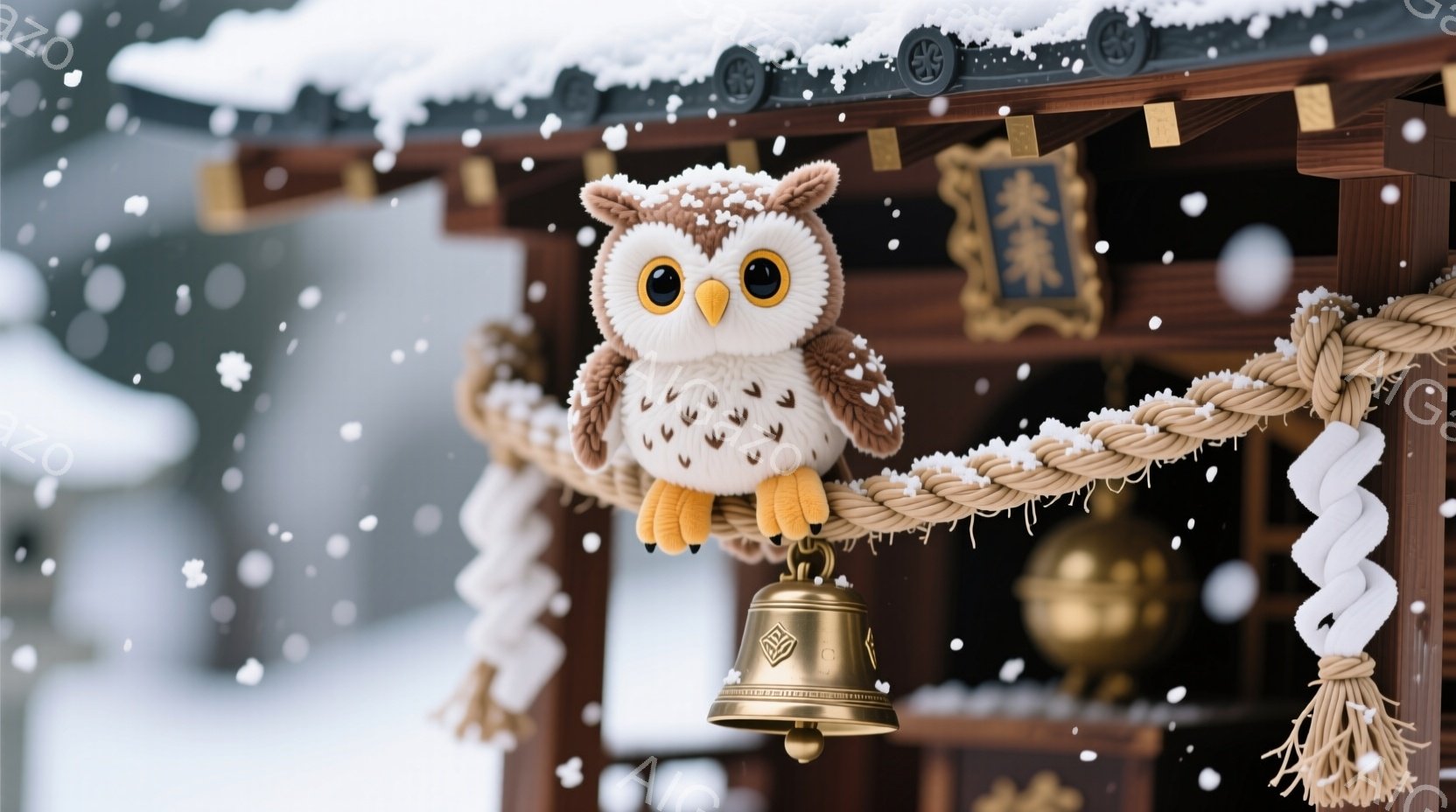 ふわふわの茶色のフクロウのぬいぐるみが、神社の注連縄にぶら下がっている。背景には、雪が降り積もる木造の神社が見え、雪景色の中に暖色系のライトが灯っている。可愛らしいフクロウと厳かな神社の対比が、冬の暖かく優しい雰囲気を醸し出している。